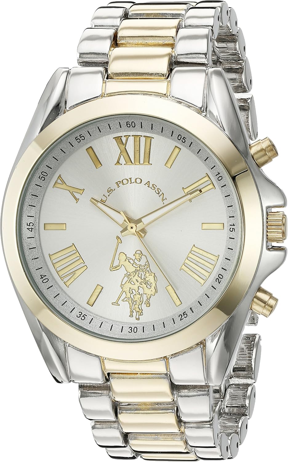 U.S. Polo Assn. Women's Analog Watch – Silver Dial with Two-Tone Silver and Gold Stainless Steel Bracelet – Elegant Design with Roman Numerals