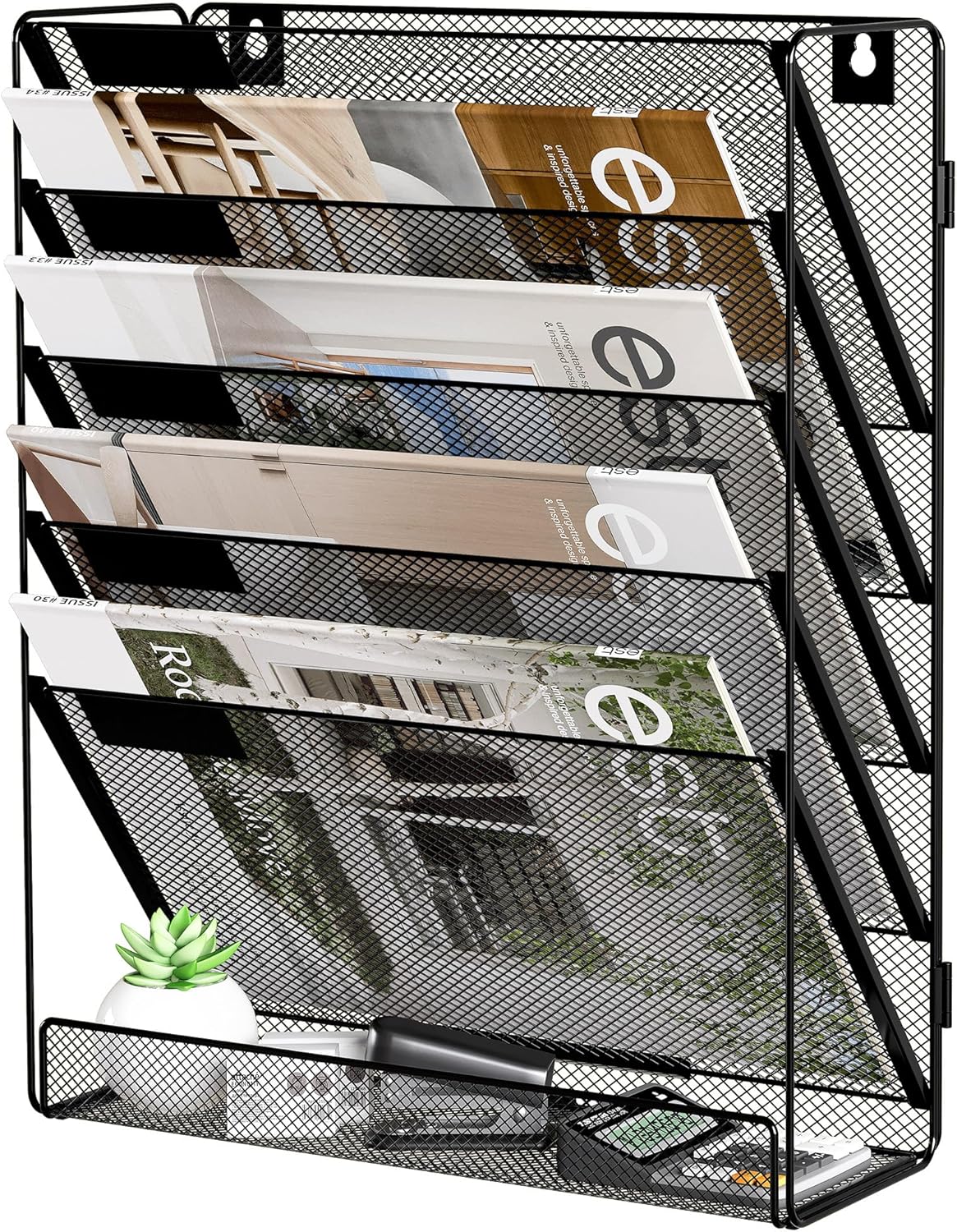 Solinxe 5-Tier Desk Tidy Organiser, A4 Wall Mounted Document Holder, Vertical Metal Magazine Rack, Wall Hanging Storage Organiser in Tray for Office Accessories Stationery Supplies, Black