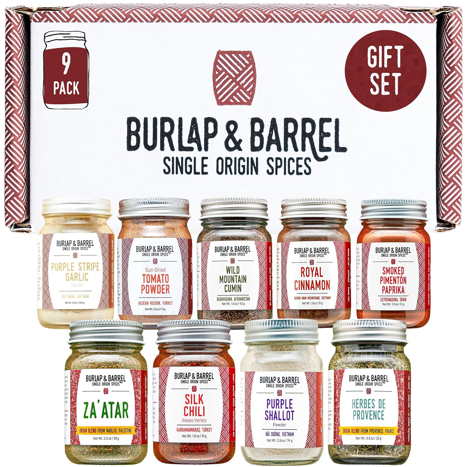 Burlap & Barrel 9-Pack Spice Gift Set – 9 Full-Size Jars of Favorite Spices for the Curious Cook – Includes Cinnamon, Garlic, Lime & More Seasonings - As Seen On Shark Tank