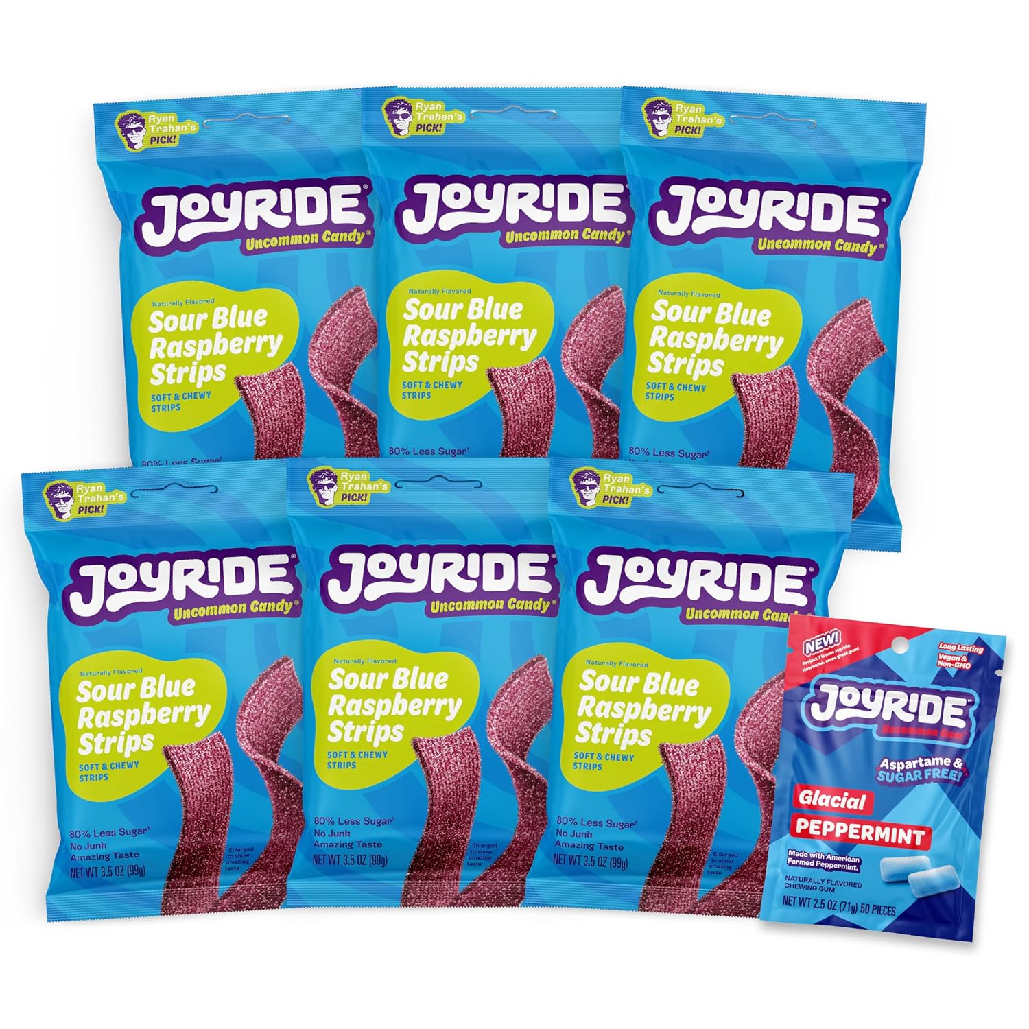 JOYRIDE Sour Blue Raspberry - Sour Belt Healthy Candy, 6-Pack Bundle | Includes six 3.5 oz bags with bonus 2.5 oz Glacier Peppermint Gum pack. Low Sugar, Dye Free, Low Calorie Snack