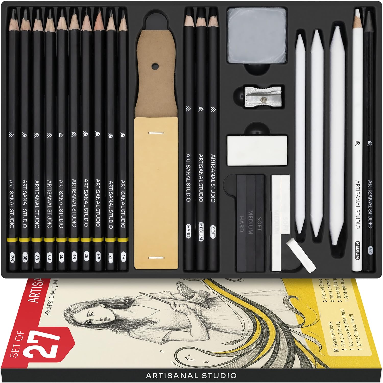 Drawing Set of 27, Sketching Pencils for Kids & Adults, Graphite & Charcoal, Woodless Graphite, Blending Stumps, Sandpaper & Erasers, Drawing Pencils for Artists