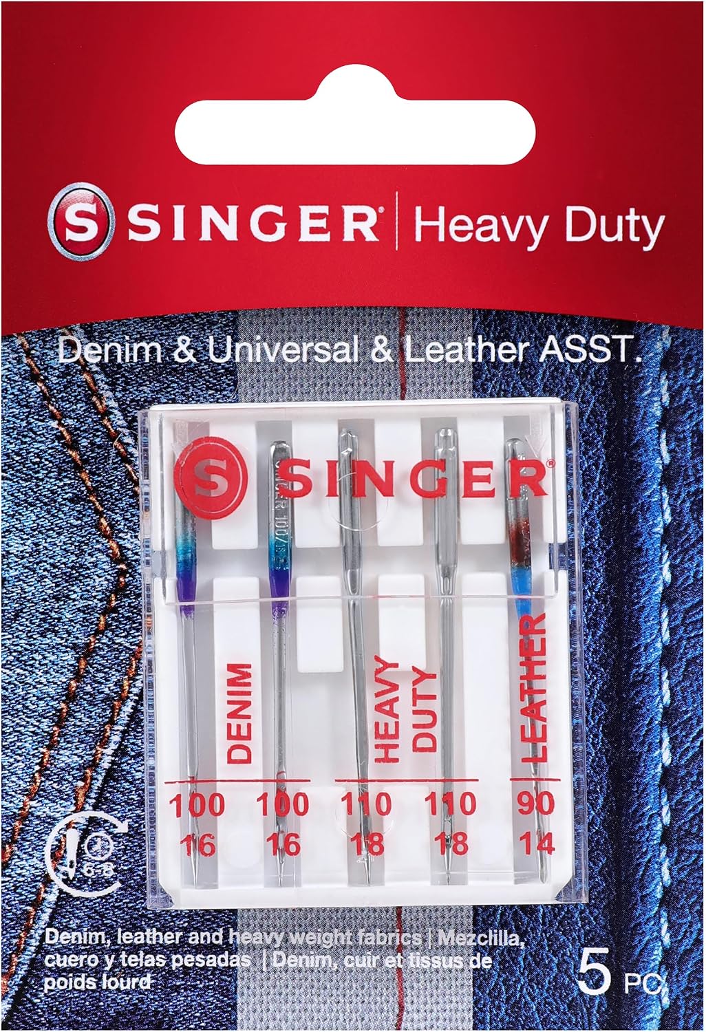 SINGER Heavy Duty Needles 90/14 100/16 110/18 Denim Leather 5-Count