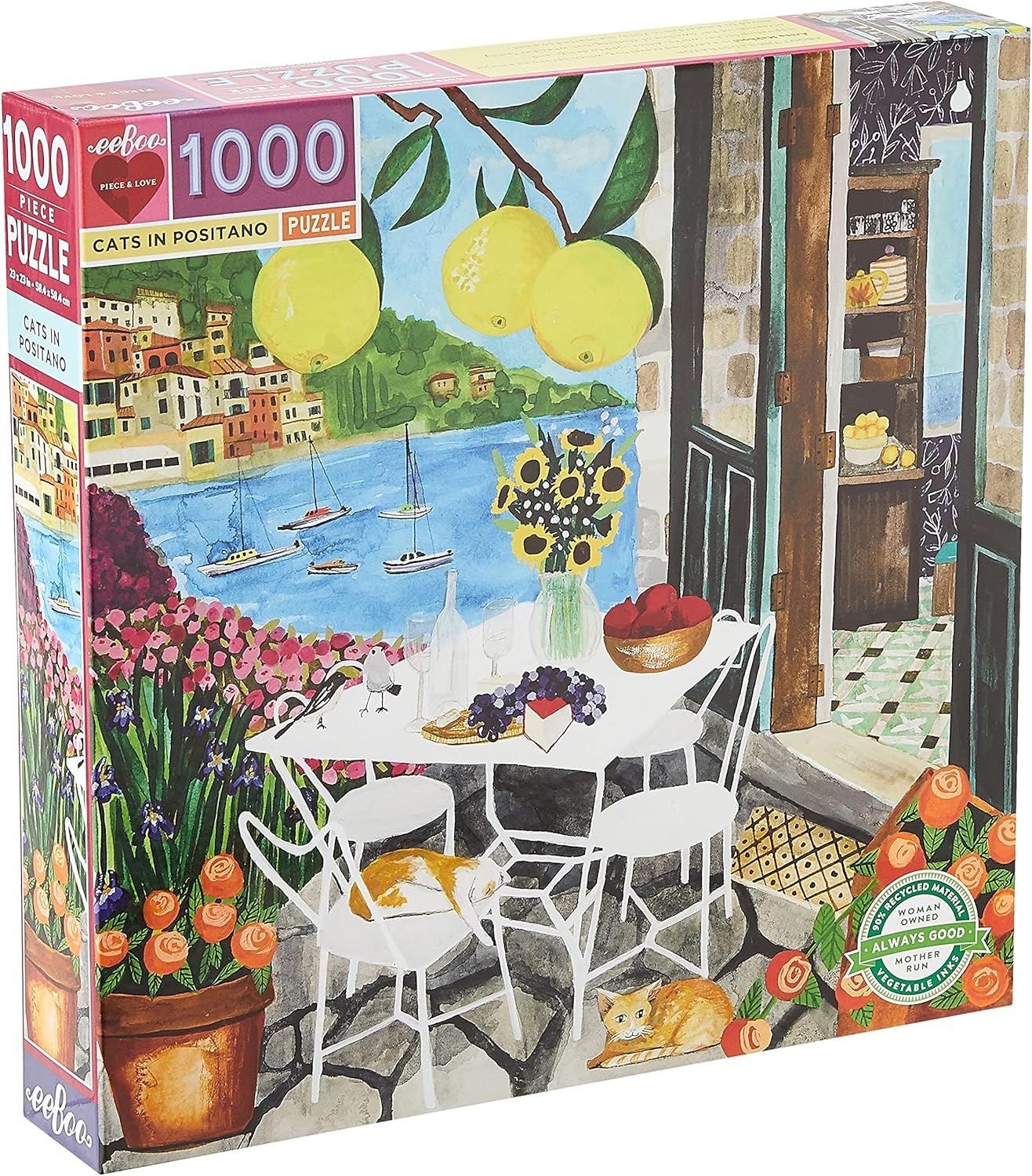 eeBoo: Piece and Love Cats in Positano 1000 Piece Square Adult Jigsaw Puzzle, Puzzle for Adults and Families, Glossy, Sturdy Pieces and Minimal Puzzle Dust