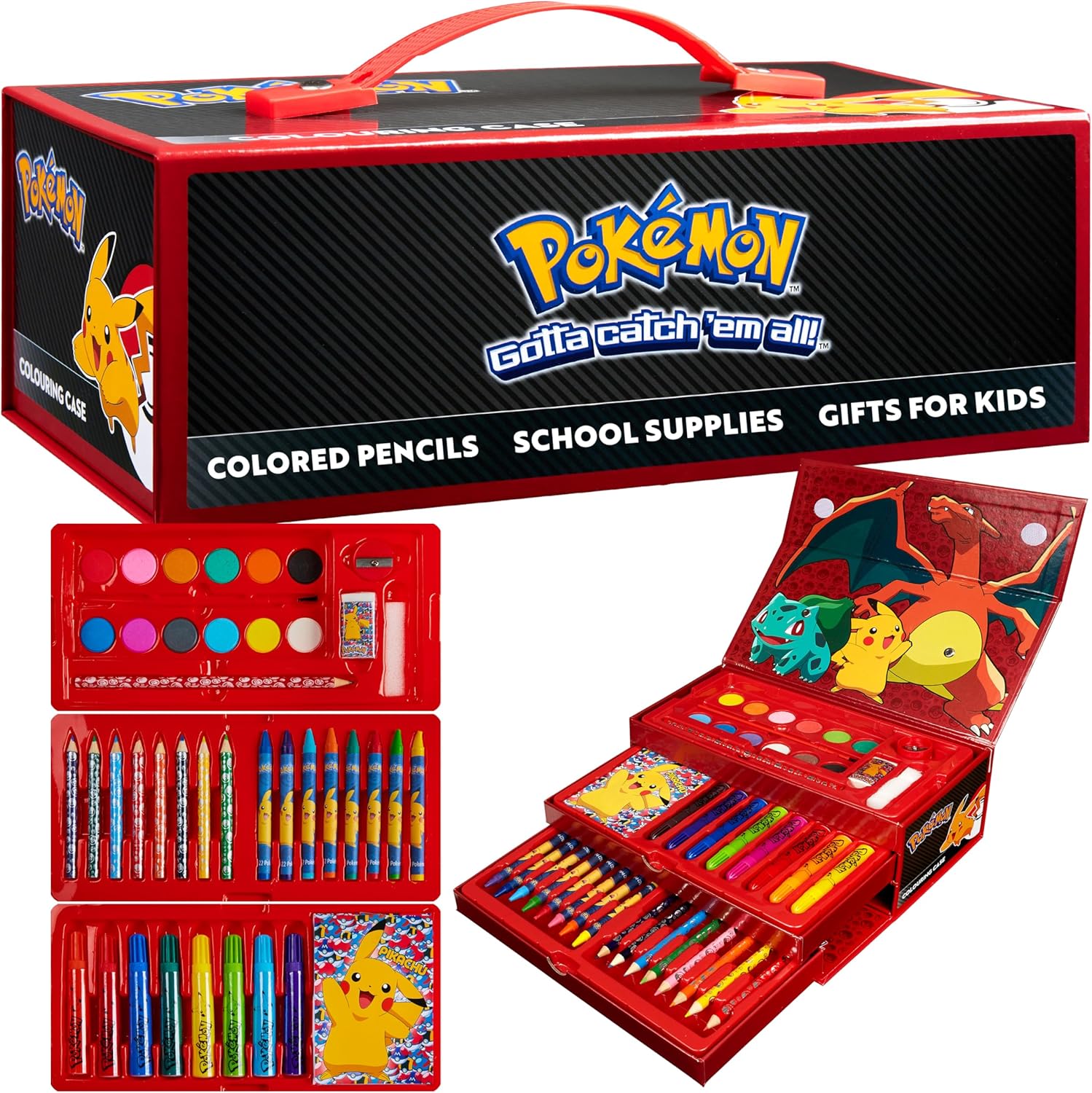 Pokemon Art Supplies Set with Colouring Pencils Felt Tip Pens Watercolour Paints Wax Crayons for Drawing Painting Set Pikachu Travel Art Set Anime Gifts (Black/Red)