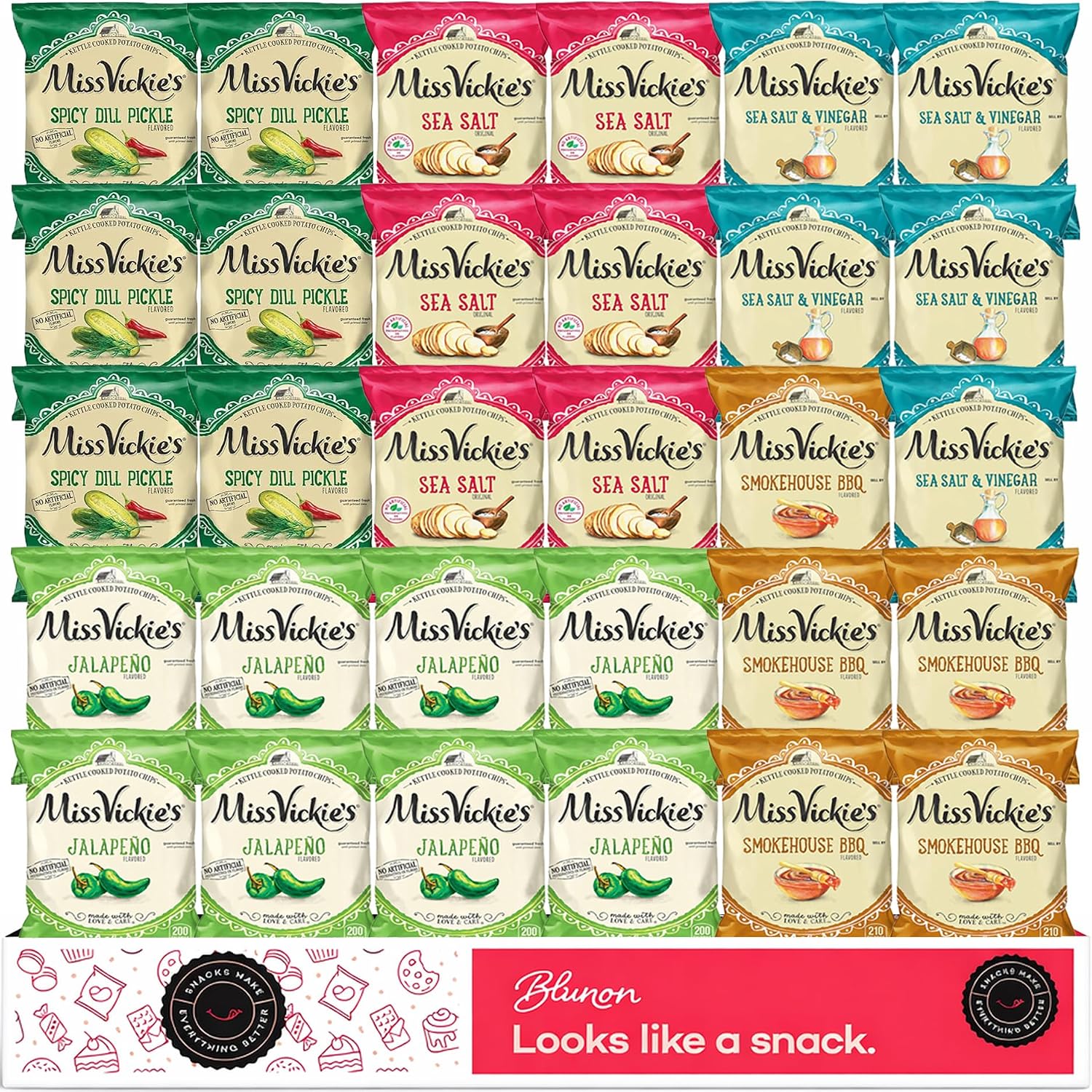 Miss Vickies Chips, Kettle Cooked Potato Chips Variety Pack Snack, 30 Pack | Sea Salt, Jalapeno, Sea Salt & Vinegar, Smokehouse BBQ, Spicy Dill Pickle, Care Package, Gift Box