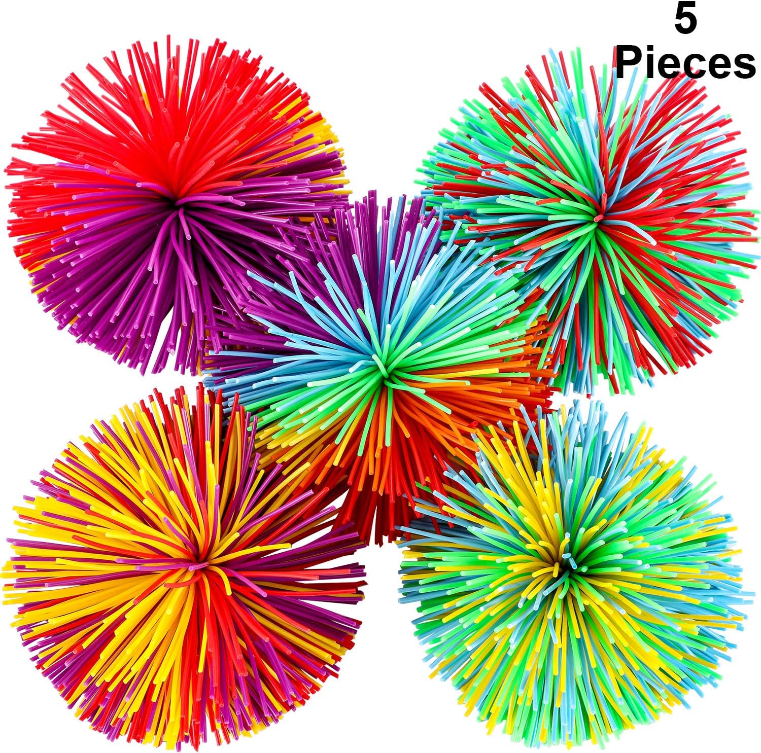 Leinuosen 5 Pieces Stringy Balls - Sensory Fidget Stress Balls, Soft Rainbow Pom Bouncy, Stuffers Party Favors Birthday Gifts Multicolor (2.75 Inch)