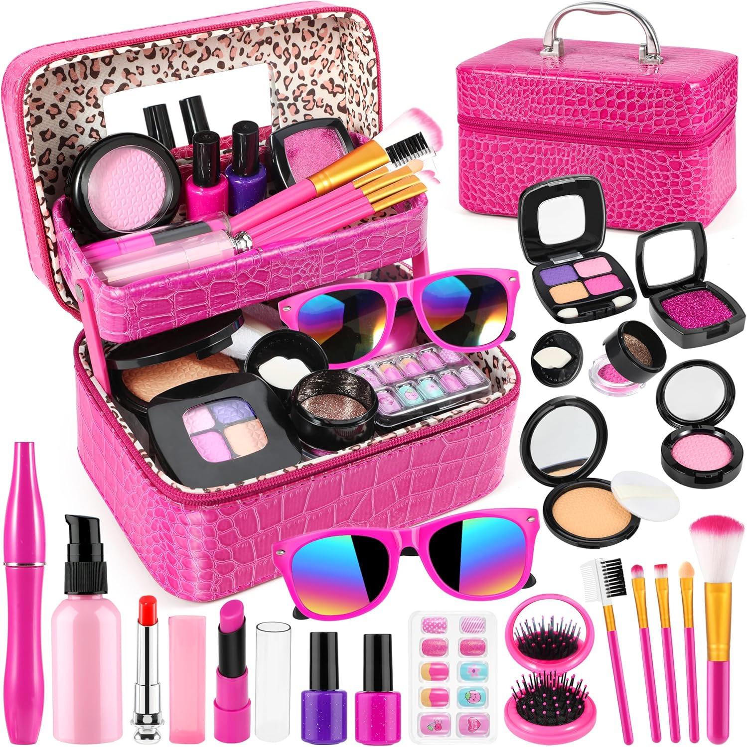 Luucio Pretend Makeup for Toddlers, Fake Makeup Set for Girls - with Double-Layer Bag for Birthday Christmas, Toy Makeup Set for Toddler, Little Girls Age 3+(Not Real Makeup)