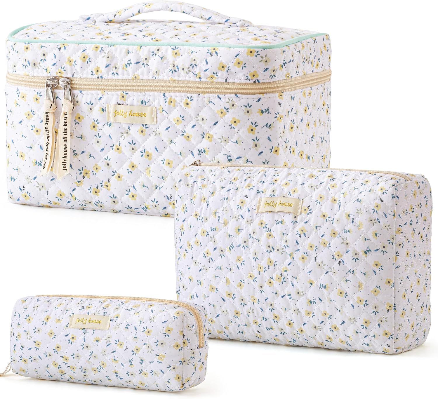 HBselect Quilted Makeup Bag, 3Pcs Cotton Large Travel Makeup Bags Organizer