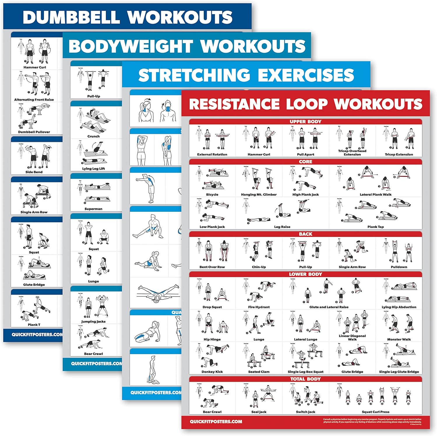 Palace Learning 4 Pack - Dumbbell Workouts + Bodyweight Workouts + Stretching Exercises + Resistance Loops - Set of 4 Workout Charts (18” x 24”, LAMINATED)