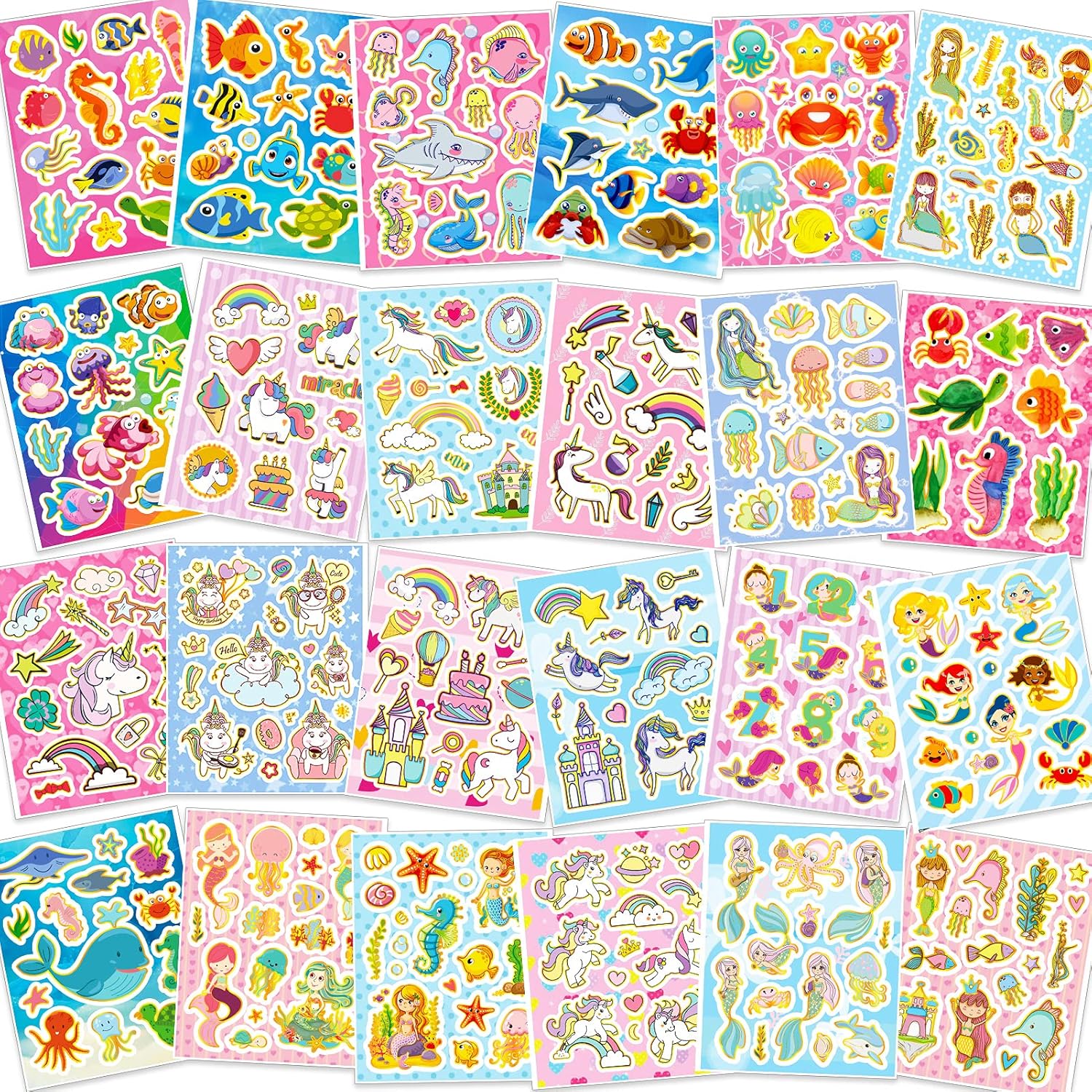 HOWAF 330+ Glitter Stickers for Kids Girls Crafts DIY Scrapbooking Cards, Rainbow Unicorn Mermaid Princess Sea Animal Stickers, 24 Sheet Stickers for Girls Journal Photo Albums Papeterie Water Bottle
