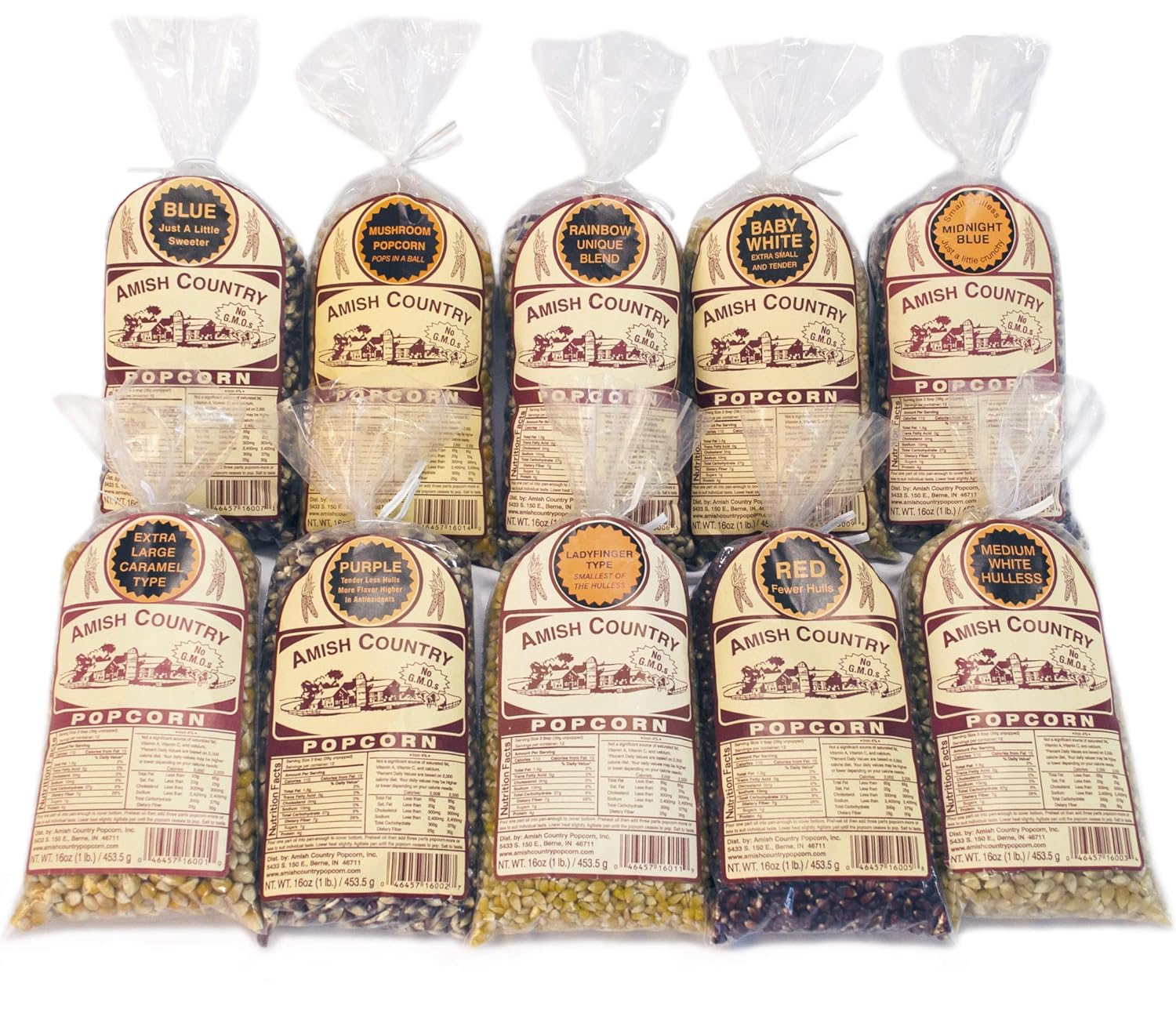 Amish Country Popcorn - 10 (1 Lb Bag) Variety Gift Set Bundle (Red, Blue, Medium White, Midnight Blue, Purple, Ladyfinger, Baby White, Rainbow, Medium Yellow, and Mushroom)
