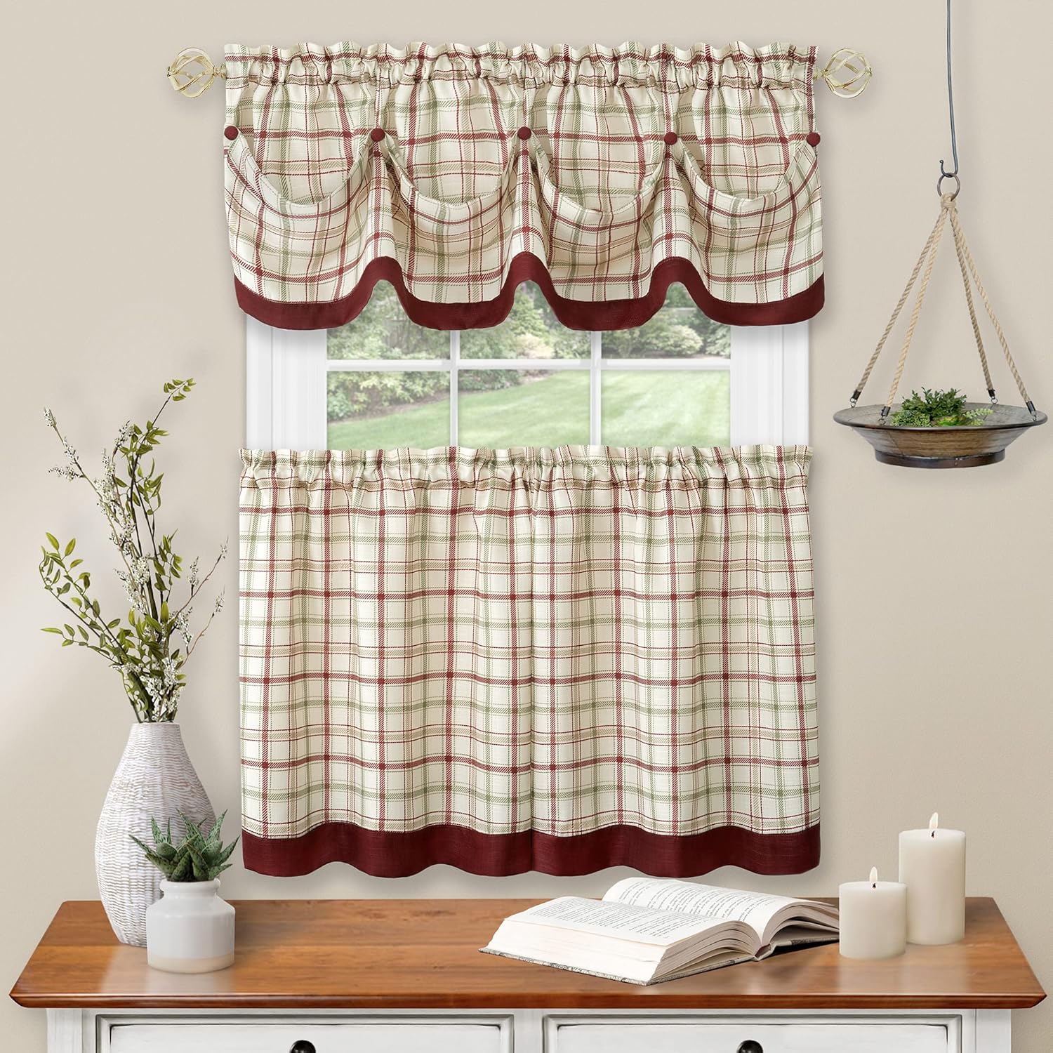 Achim Home Furnishings Tier Pair and Valance Set Tattersall Window Curtain, 58" x 24", Burgundy,TTTV24BU12