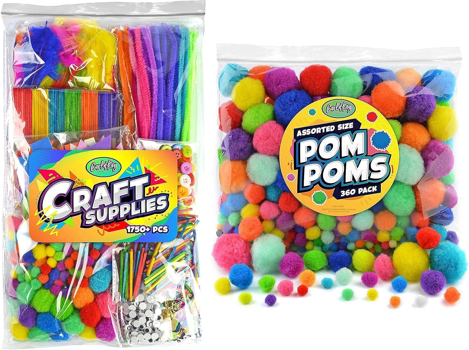 Carl & Kay Assorted Size 360 Pom Poms + 50 Googly Eyes & 1750+ pcs Crafts Supplies for Kids