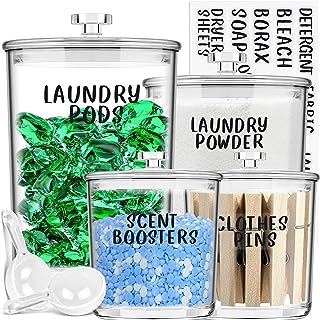 4 Pack Laundry Room Organization Jars - Laundry Storage Containers with Labels & Scoops Hold Pods, Powder, Scent Booster, Beads, Soap, Detergent - Great Laundry Organizer - Clear Acrylic