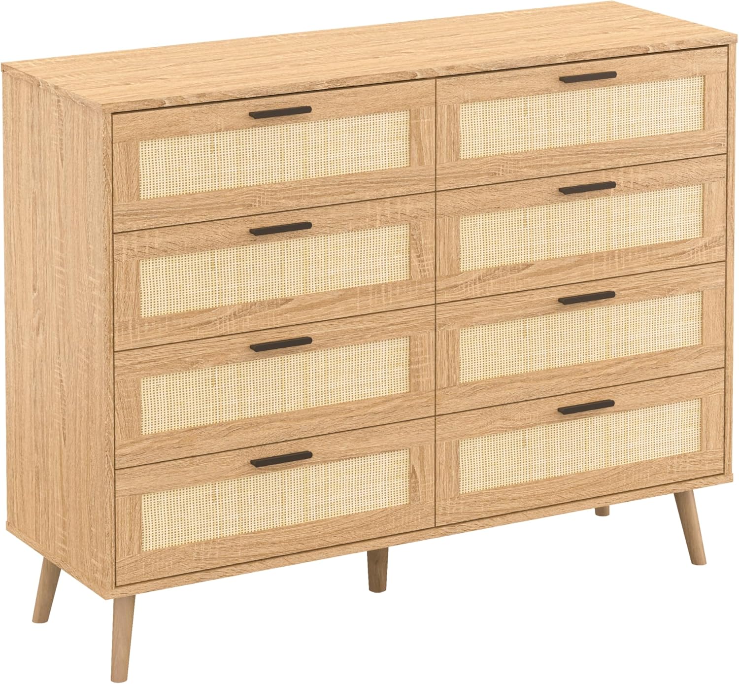 Panana 3/6/8 Drawers Dresser, Wooden Rattan Chest of Drawers with Rattan Front Spacious Storage Chest Bedside Table Nightstand Cabinet for Living Room, Closet, Hallway, Bedroom