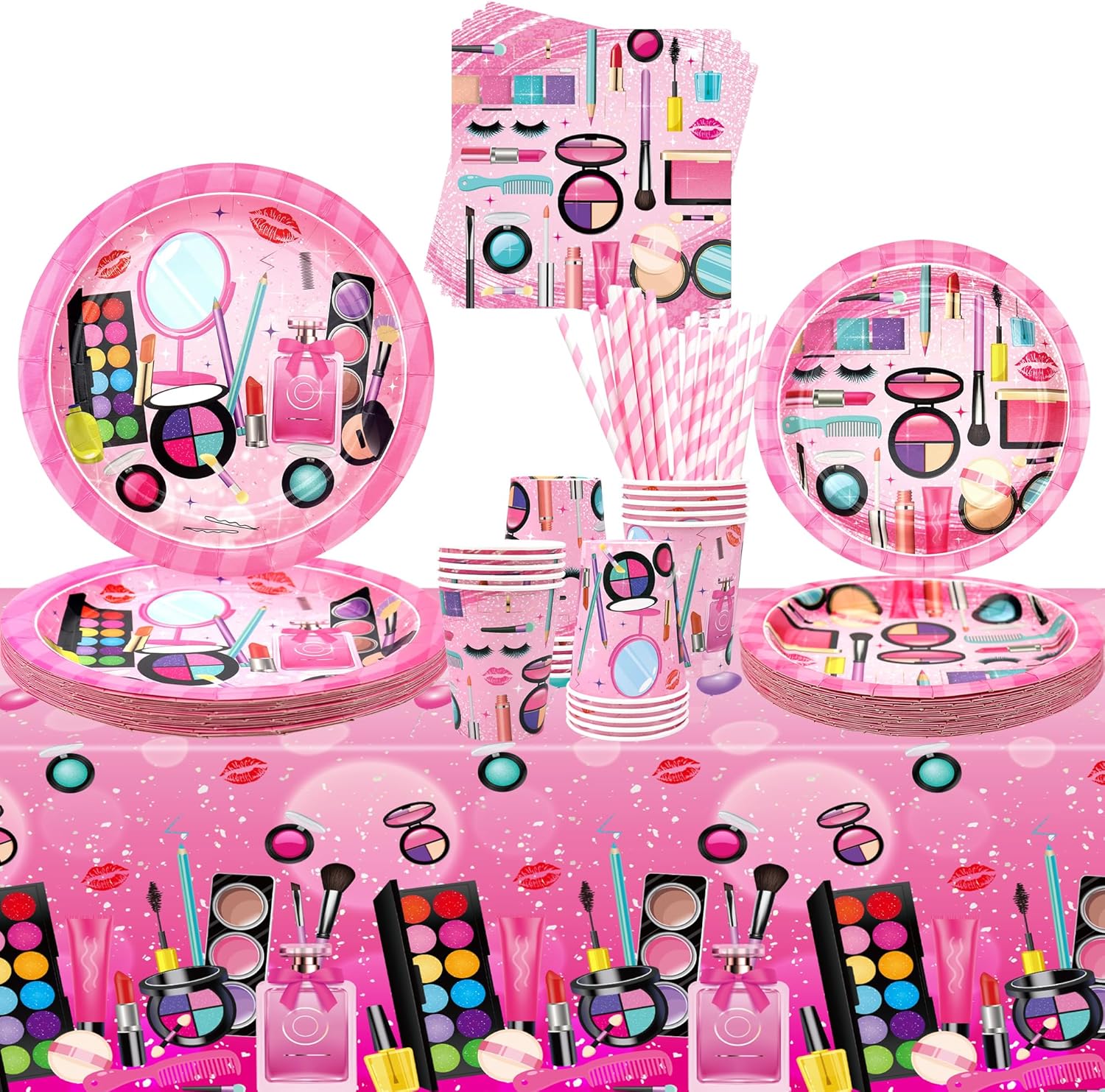 Spa Party Supplies, Serves 20, Makeup Theme Party Tableware - Dinner Plates Desserts Plates Cups Napkins Spa Makeup Tablecover for Girls Women Slumber Pamper Spa Party Decoration, Serves 20 (20)