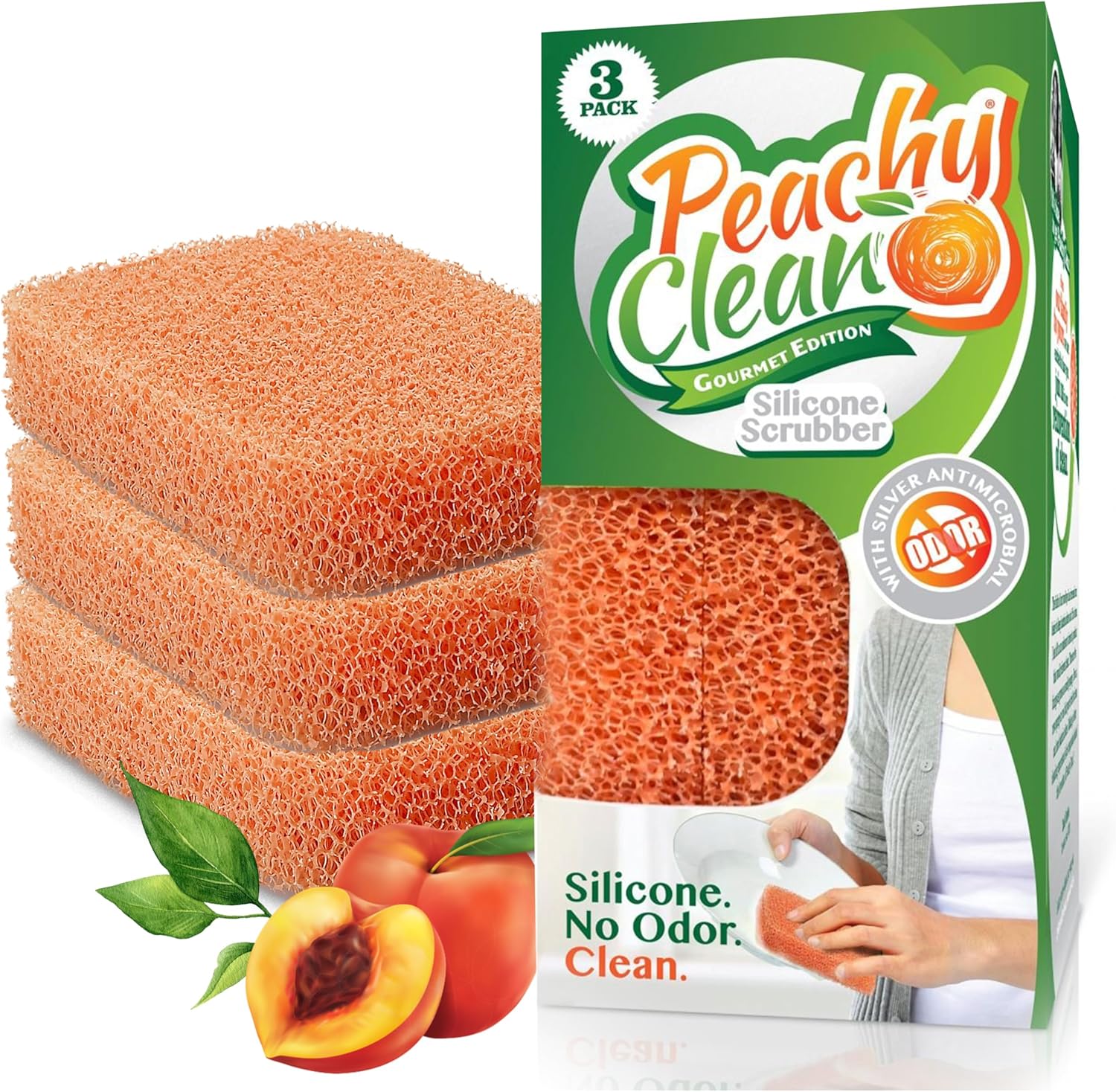 Peachy Clean Silicone Dish Sponge Scrubbers, Fresh Peach Scent, Non-Scratch, Odor-Resistant, Durable Dish Sponges for Kitchen