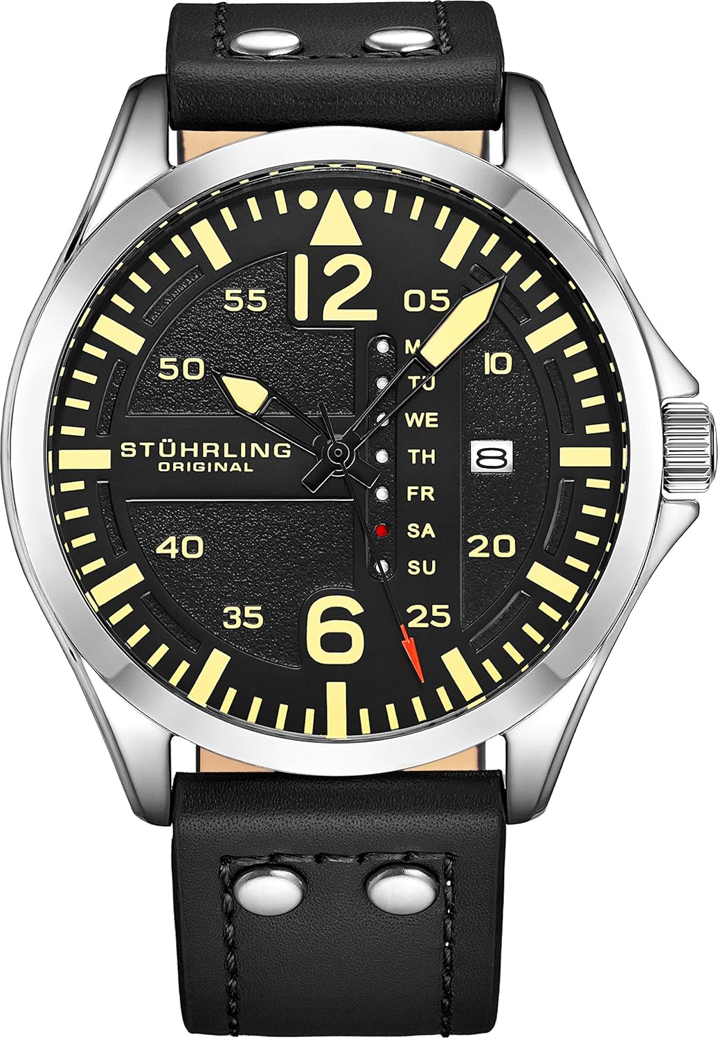 Stuhrling Original Mens Leather Watch -Aviation Watch, Quick-Set Day-Date Leather Band with Steel Rivets,