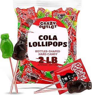Cola Bottles-Shaped Lollipops Candy, Cola Flavor in Green and Red Wrapping, 2 Pounds (About 60 Count)