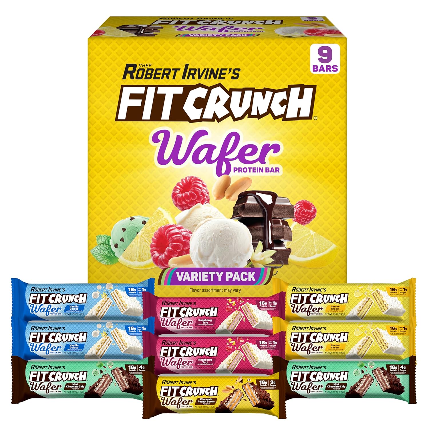 FITCRUNCH Wafer Protein Bars, 16g of Protein & 1-3g of Sugar (9 Bars, Variety Pack)