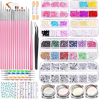 FANDAMEI Nail Art Brushes Set, Nail Art Kit, Nail Design Kit, Nail Dotting Tools, Nail Kit for Beginners, Chrome Nail Powder, Nail Stickers, Nail Rhinestones, Nail Charms Gems Nail Art Decoration Kit