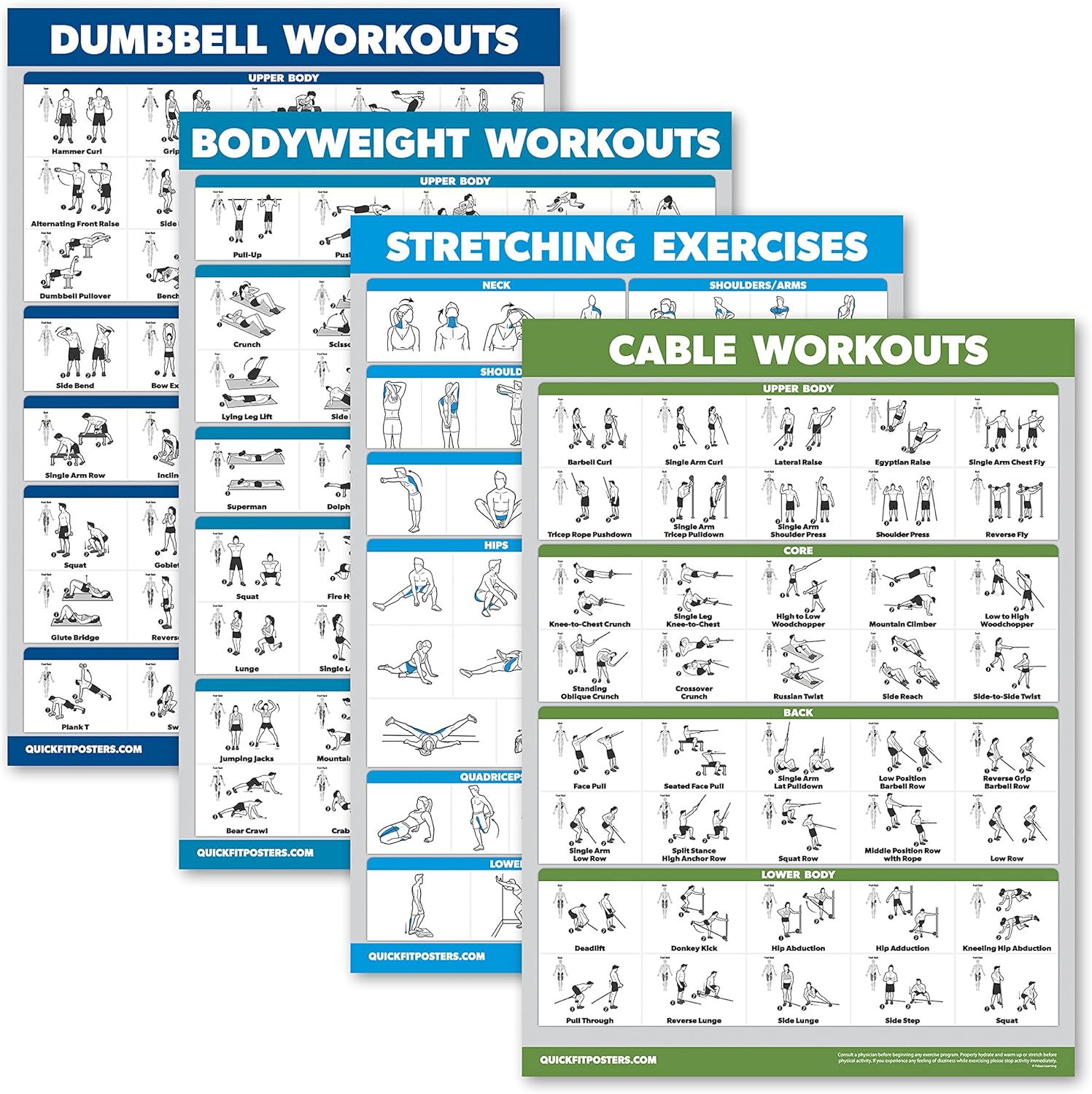 Palace Learning 4 Pack - Dumbbell Workouts, Bodyweight Exercises, Stretching Exercises, Cable Machine Workouts - Set of 4 Laminated Posters (18” x 24”) - Classroom Fitness Charts