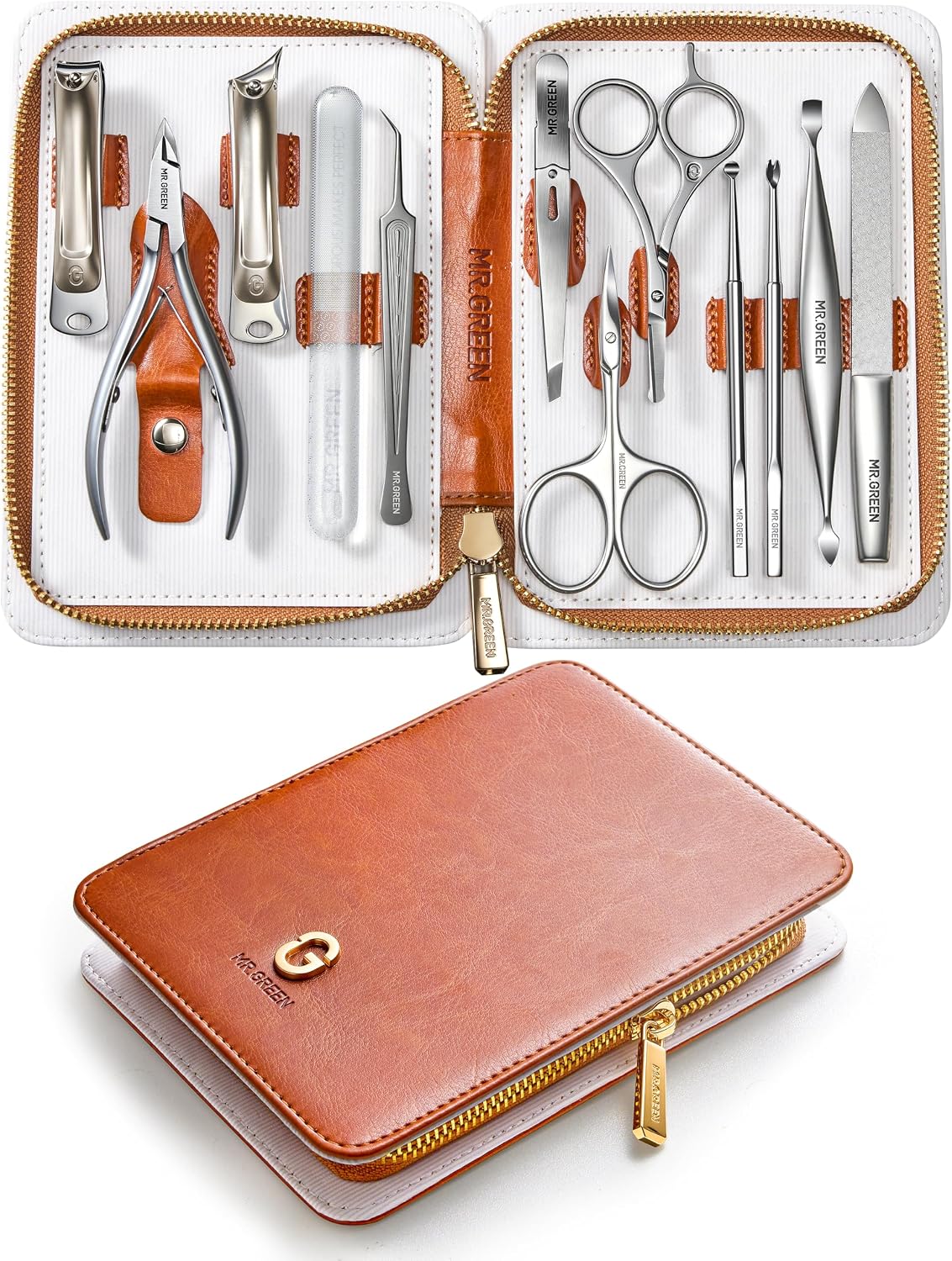 MR.GREEN 12-in-1 Manicure Set – Professional Nail Clipper Set, German Stainless Steel Manicure Tools for Fingernails & Toenails, Travel Nail Care Kit for Men & Women with Leather Case (Caramel Brown)