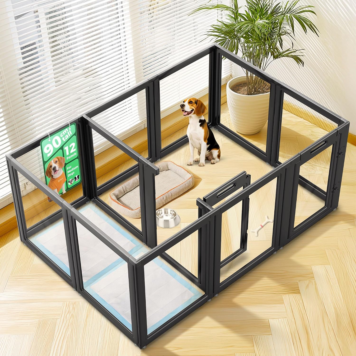 FXW AuraSpace Clear Acrylic Indoor Dog Playpen, 90cm(H), 12 Panels, Black | Open View, Modern Home Fit, No Climbing Bars, Tool-Free Setup, For Medium Dogs