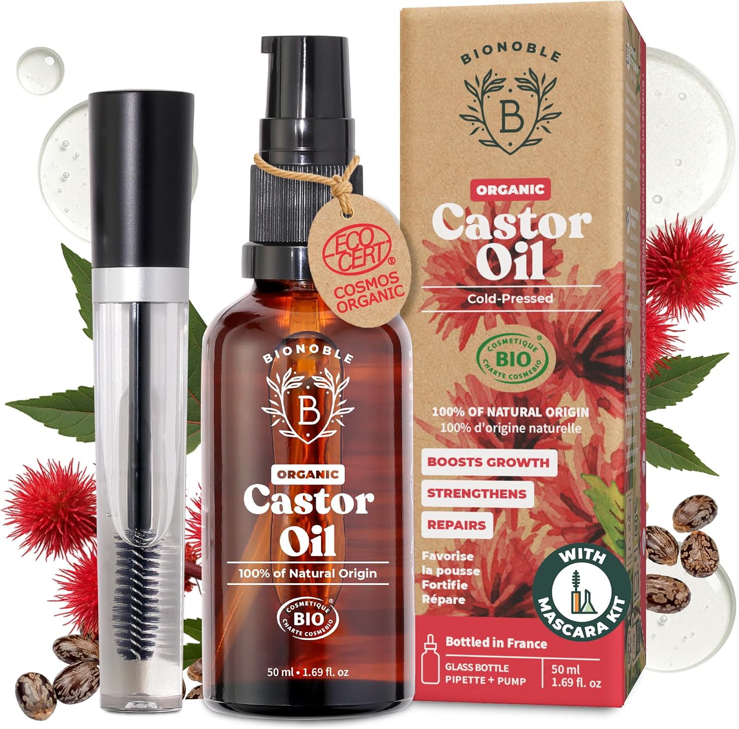 Bionoble Organic Castor Oil 50ml - 100% Pure, Natural, Cold Pressed - Lashes, Eyebrows, Body, Hair, Beard, Nails - Vegan, Cruelty Free - Glass Bottle + Pipette + Pump + Mascara Kit