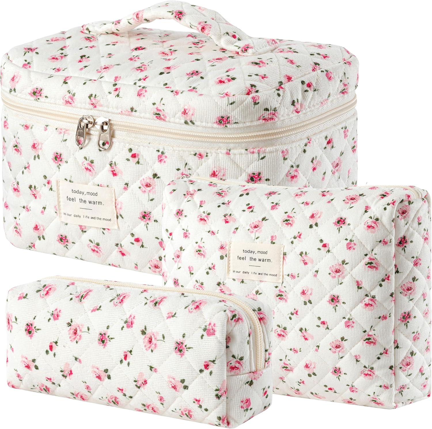 HBselect Quilted Makeup Bag, 3Pcs Cotton Large Travel Makeup Bags Organizer