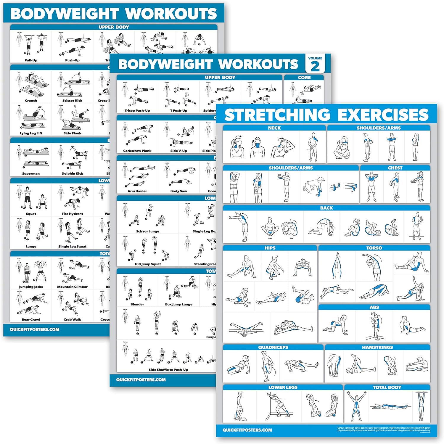 Palace Learning 3 Pack: Bodyweight Workout Posters Volume 1 & 2 + Stretching Exercises Poster Set - Set of 3 Workout Charts