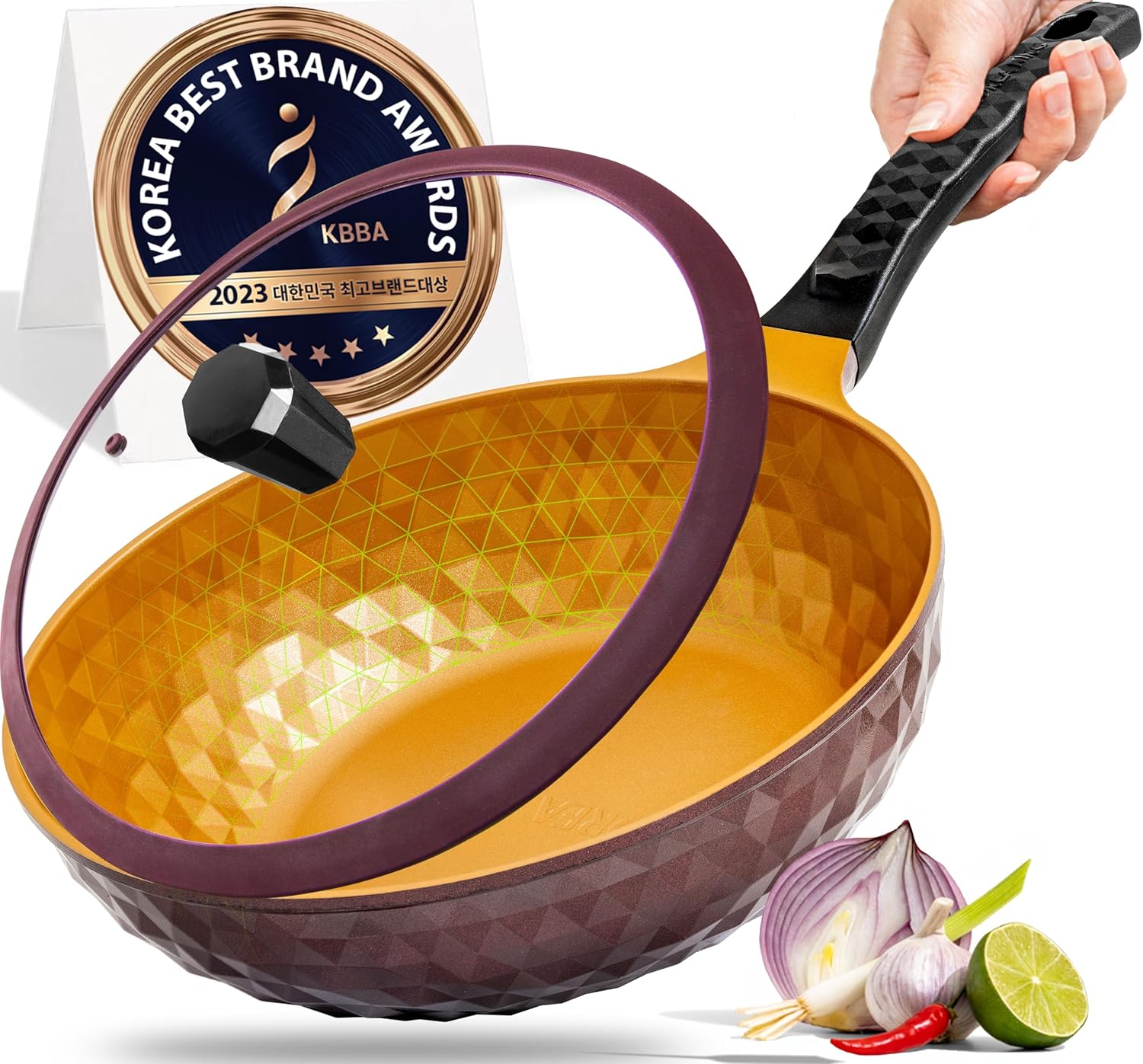 Diamond X Premium Extreme Non Stick 11" Frying Wok Pan Hybrid with Lid and Spatula, Titanium-Coated 8-Layered Korean Engineered Deep Flat Bottom Stir Fry Skillet, Unique Rapid Heating Technology