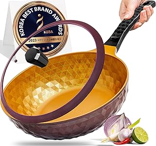 Diamond X Premium Extreme Non Stick 11" Frying Wok Pan Hybrid with Lid and Spatula, Titanium-Coated 8-Layered Korean Engineered Deep Flat Bottom Stir Fry Skillet, Unique Rapid Heating Technology