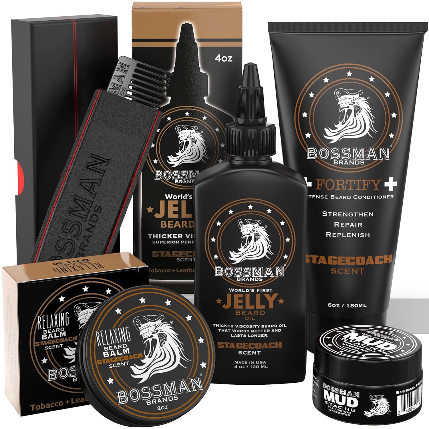 Bossman Complete Beard Kit – Men's Beard Oil Jelly, Fortifying Shower Conditioner, Balm, Mustache Wax & Comb – Beard Softener & Grooming Care (Stagecoach Scent)