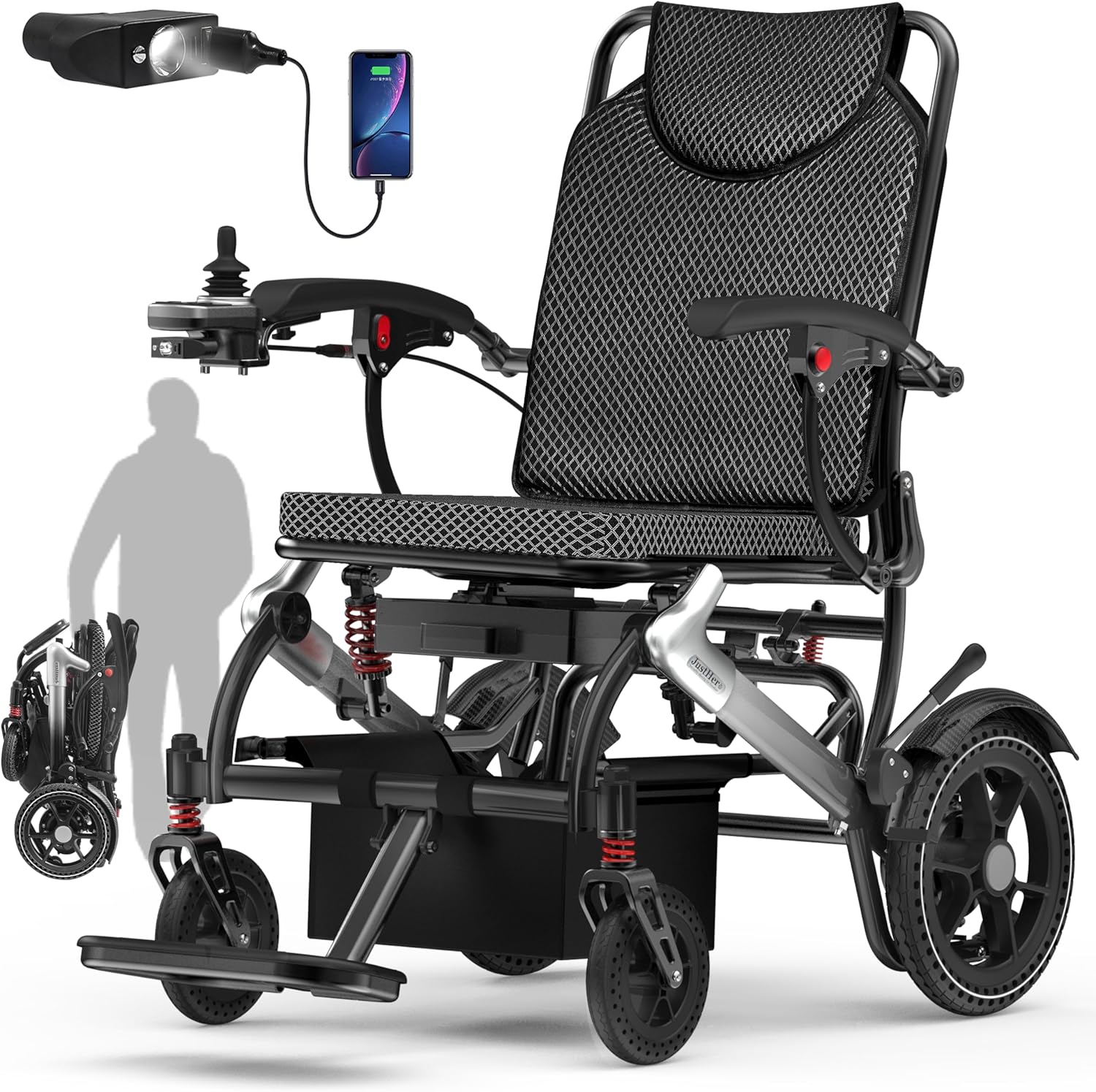 Electric Wheelchairs for Adults Foldable 36LBS Lightweight, 15 Miles Travel Range, Max Support 350 LBS, 500W Brushless Motors Power Motorized for Seniors with LED Light, Airline Approval-Silver Color