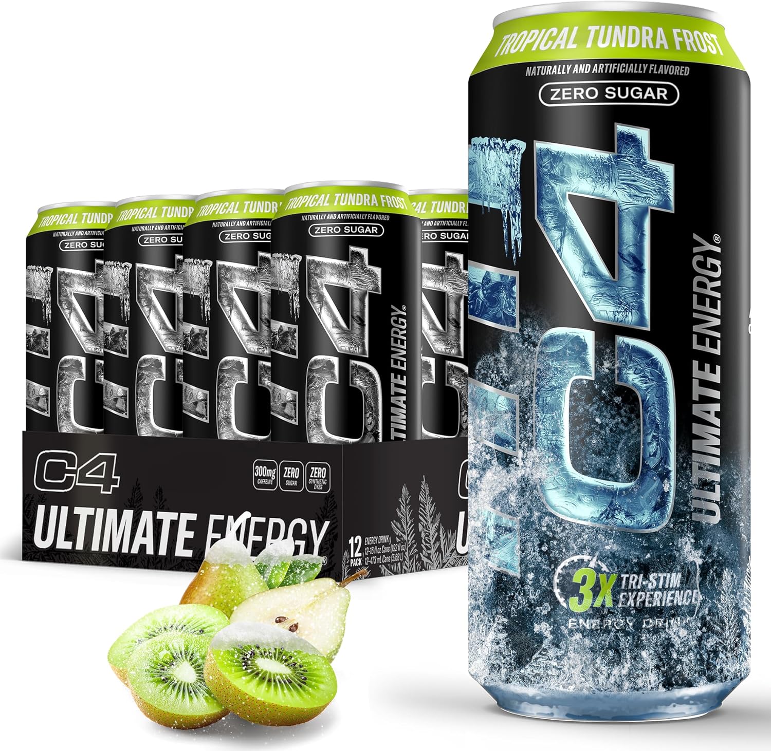 C4 Ultimate Frost Zero Sugar Energy Drink, Tri-Stim Experience with 300mg Caffeine + TeaCrine + Dynamine, Tropical Tundra Frost, 16oz (Pack of 12)