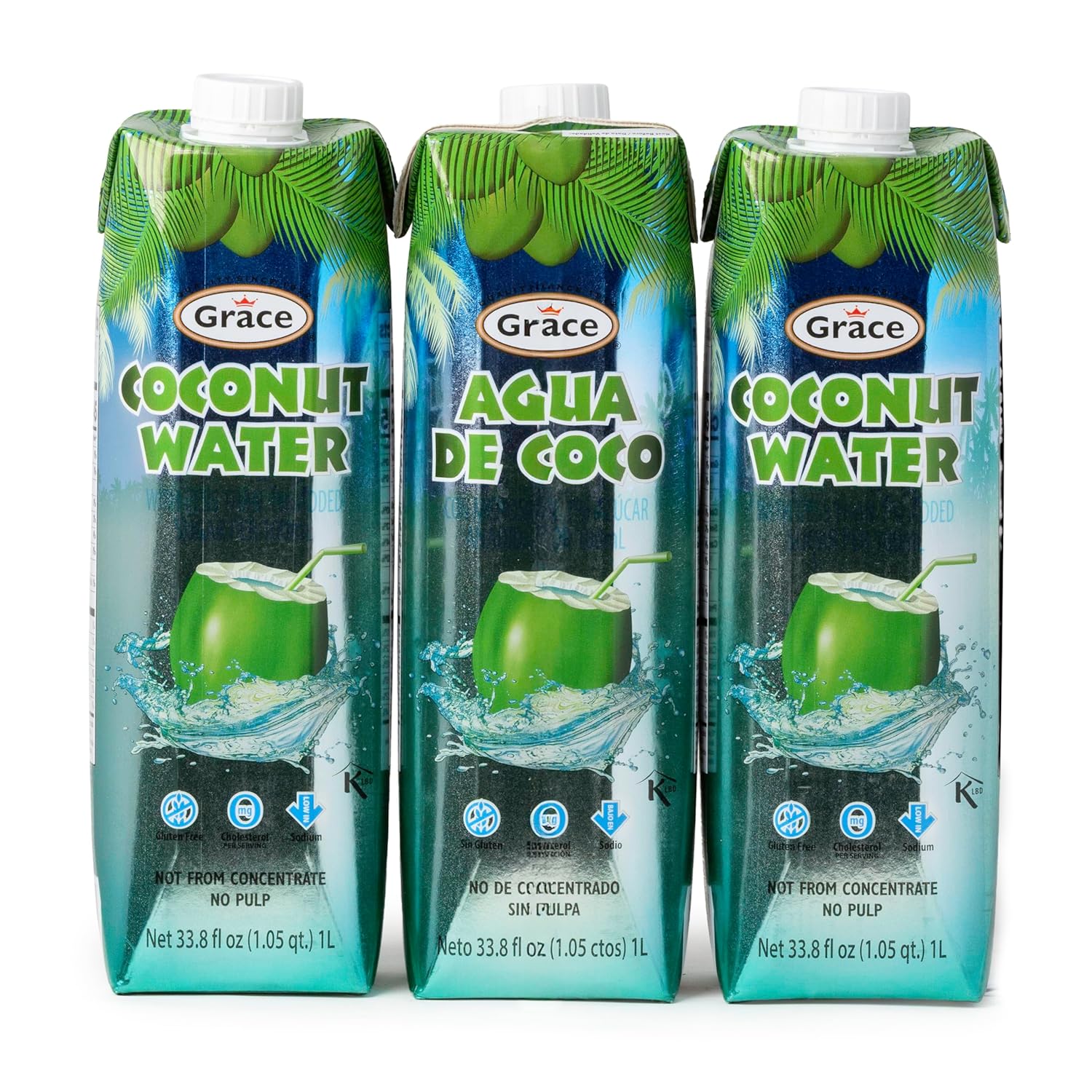 Grace 100% Pure Coconut Water - 1 Liter - 3 Pack - Fresh Coconut Water