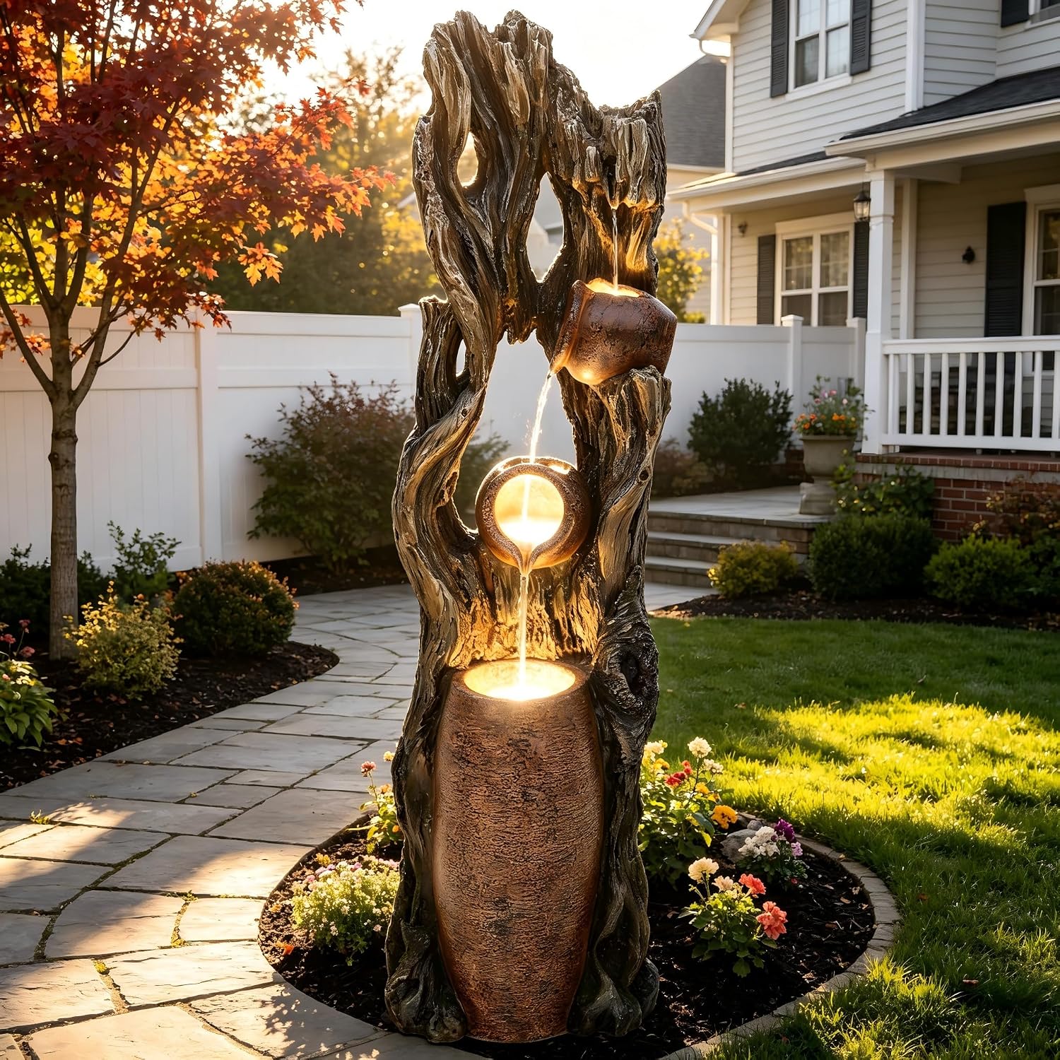 42.7" 3-Tier Outdoor Water Fountain LED Tree Trunk Jar Waterfall