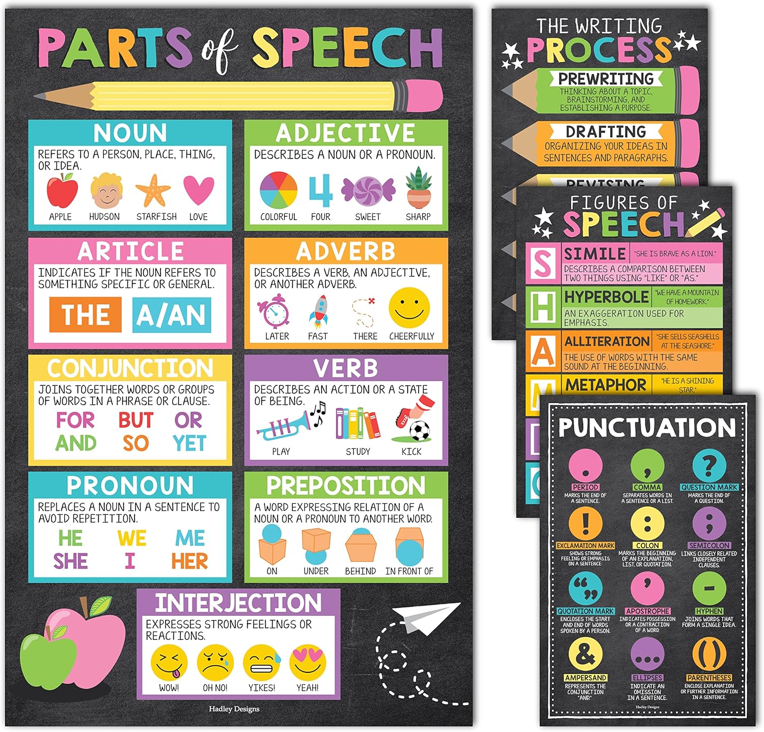 Hadley Designs Parts of Speech Posters For Classroom -4 English Grammar Posters, Writing Process Punctuation Nouns Verbs Adjectives, Language Arts Elementary Middle School, Chalkboard Classroom Decor