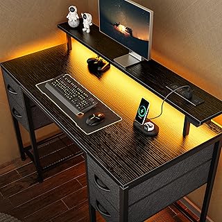 Huuger 47 inch Computer Desk with 4 Drawers, Gaming Desk with LED Lights & Power Outlets, Home Office Desk with Large Storage Space for Bedroom, Work from Home, Black