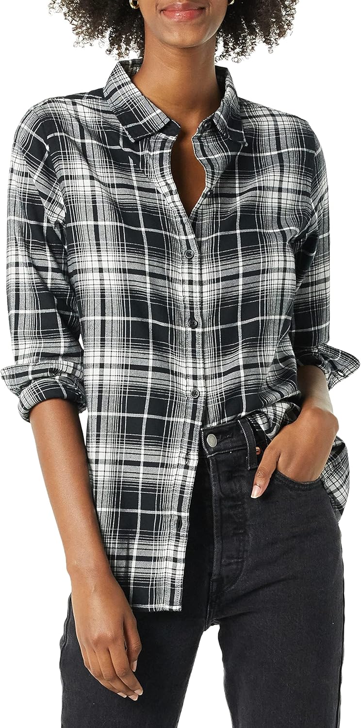 Amazon Essentials Women's Regular-Fit Long-Sleeve Lightweight Plaid Flannel Shirt