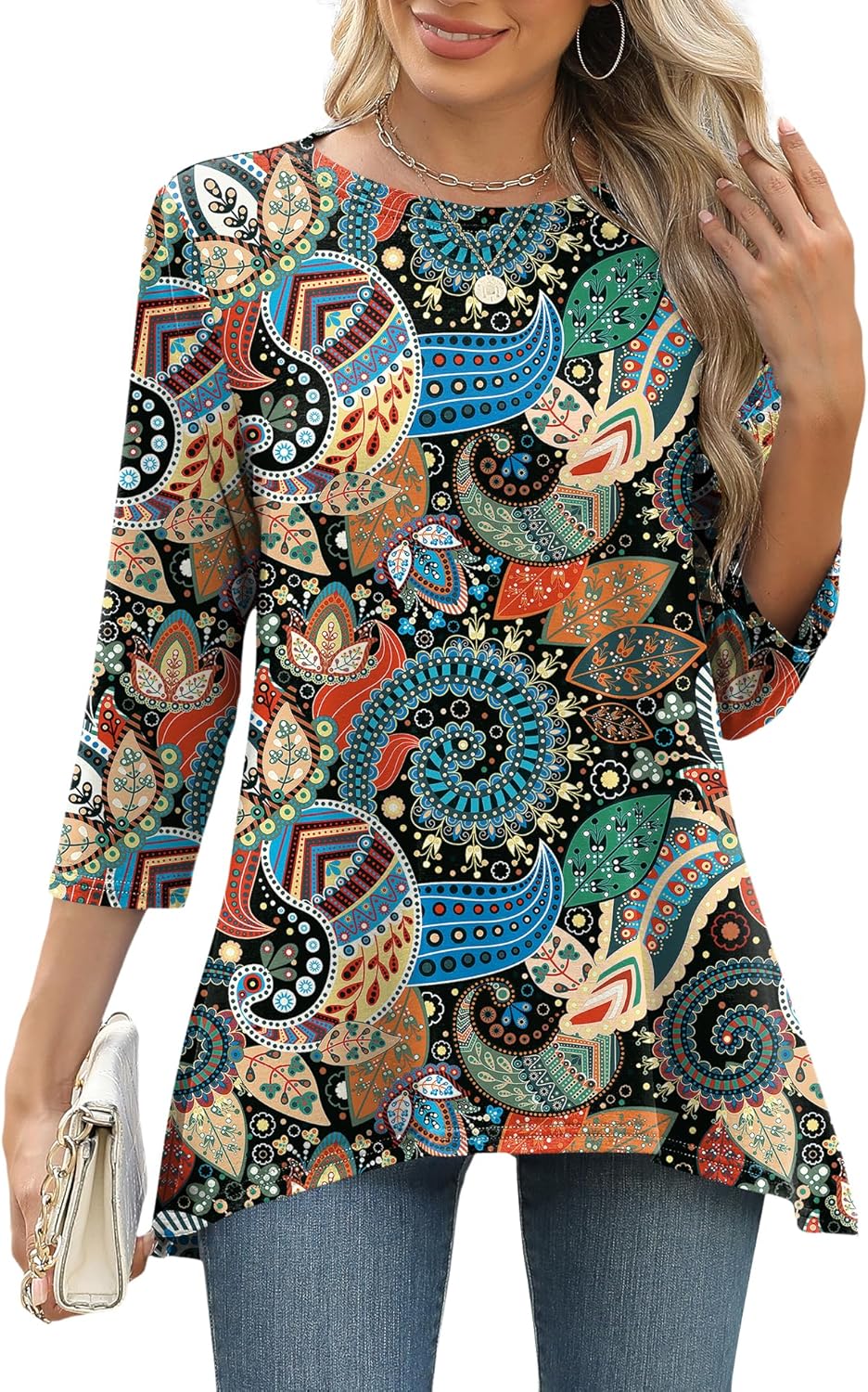 LOMON 3/4 Sleeve Tunic Tops for Women Loose Fit Dressy Casual Blouse Flowy Shirts to Wear with Leggings S-3XL