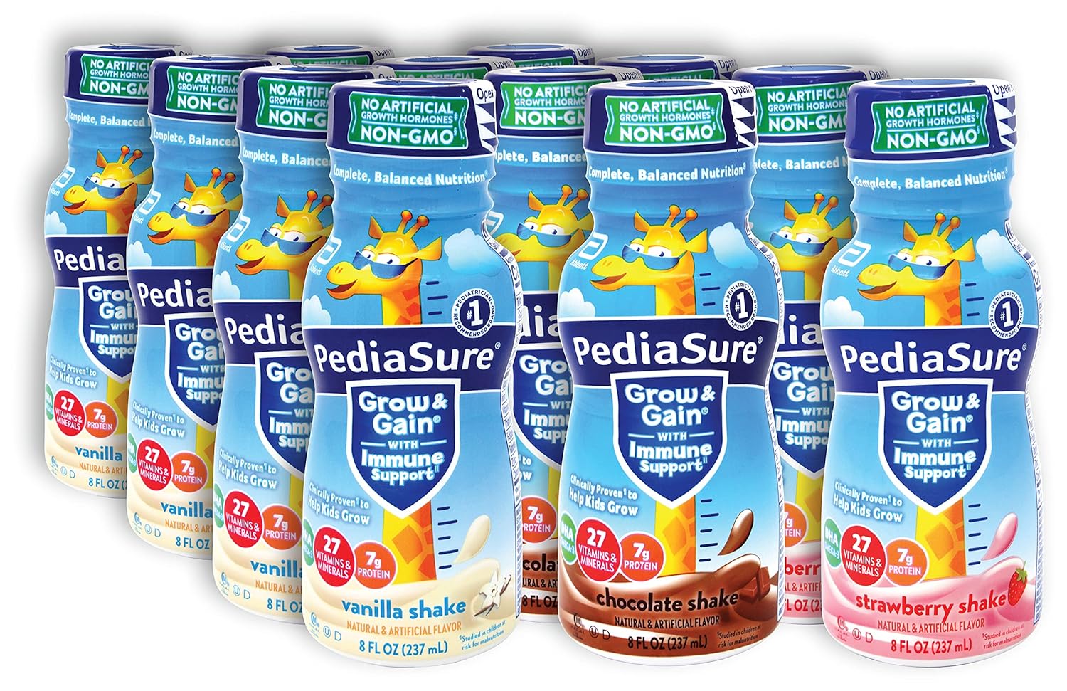 Niro Assortment | PediaSure Immune Support Shake | Strawberry, Vanilla, and Chocolate Flavors | 12 Pack Variety | Niro Neoprene Sleeve Included With Each Order
