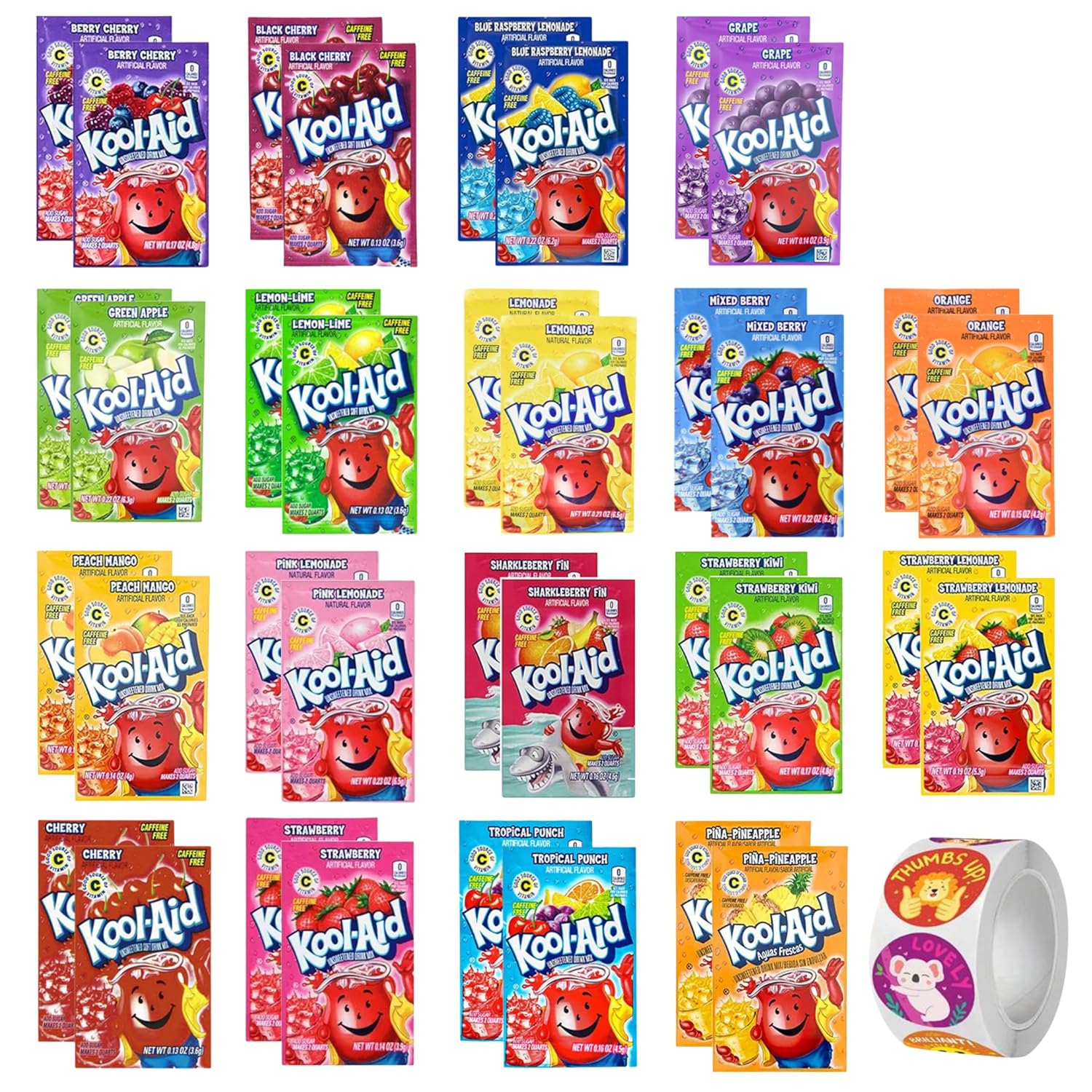 Kool Aid Packets Ultimate Variety (18 Falvors, 36 Packets) - Drink Mix - Includes Cherry, Grape, Lemonade, Mixed Berry, Strawberry, Tropical Punch and more PLUS 5 STICKERS By D.F. LUXURY