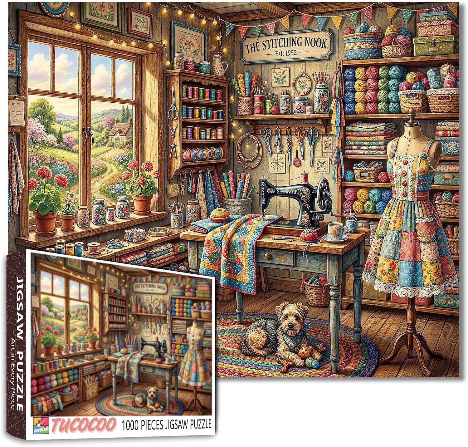 Sewing Room Jigsaw Puzzles 1000 Pieces for Adults,Families(Sewing Machine,Stitching Corner,Craft Workshop,Quilting Studio)Pieces Fit Together Perfectly 19.7''x27.6''inch Frameable Landscape Puzzle Art