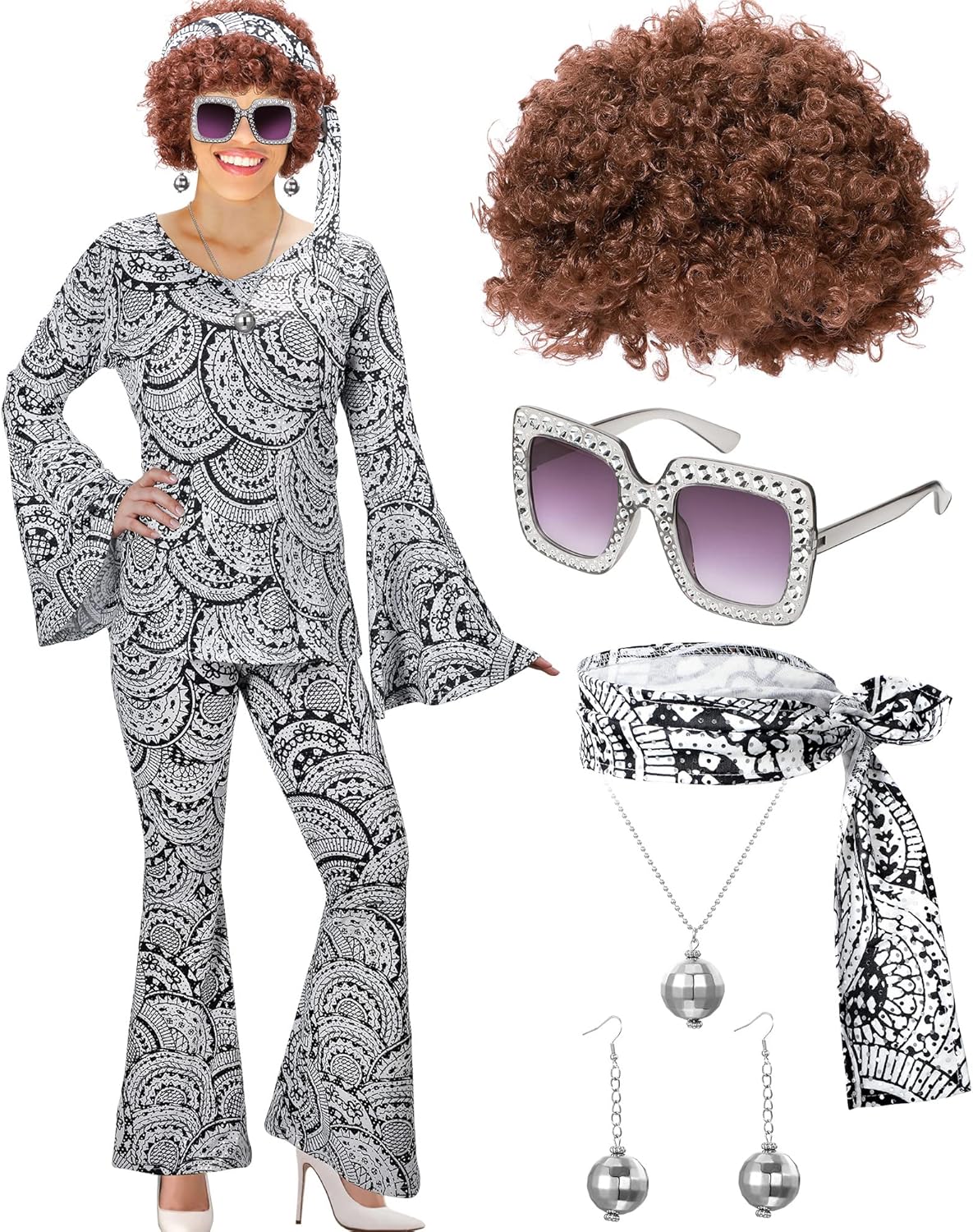 Jexine 7 Pcs 60s 70s Disco Outfits for Women Disco Party Costume Set Top Pants Sunglasses Ball Necklace Earring Wig Halloween