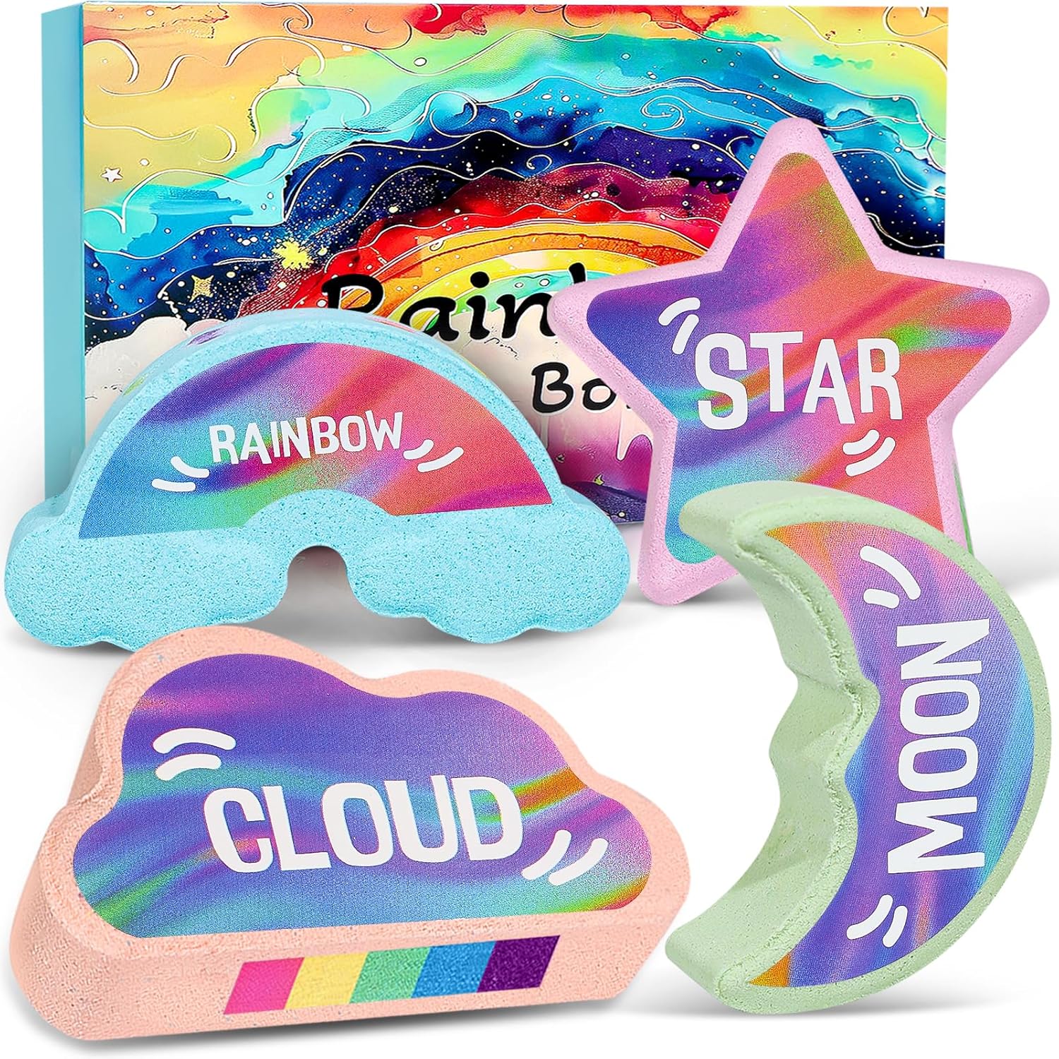 Rainbow Bath Bombs for Kids - 4 Pcs Handmade Natural Kids Bath Bombs, Organic Bubble Bath for Girls, Christmas Gifts for Kid Girls, Stocking Stuffers