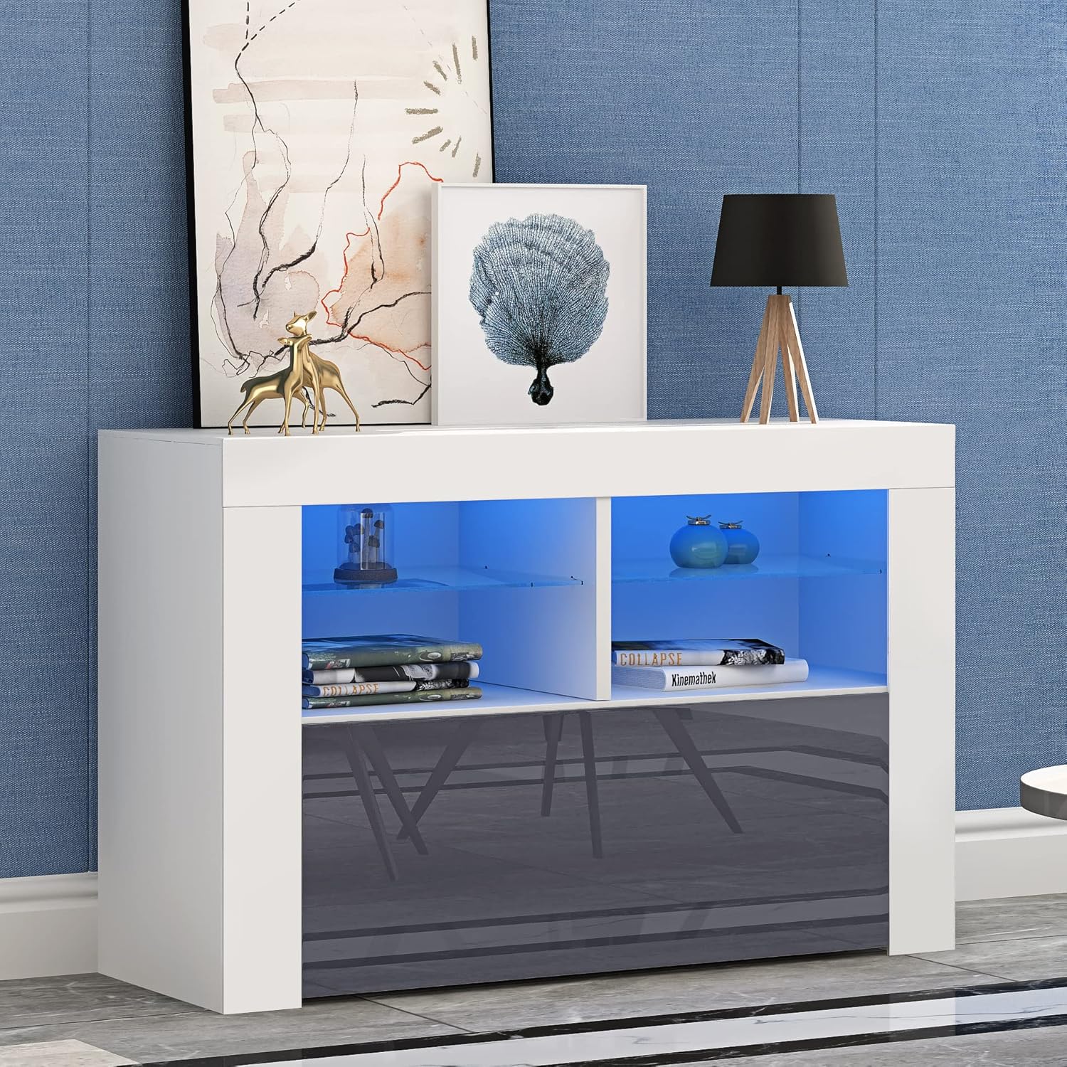 Panana 100cm TV Stand Storage Unit Sideboard LED Lighted TV Console with Storage Cabinets & Open Glass Shelf, Media Console Fit For 32 40 43 inch 4k TV (Grey)