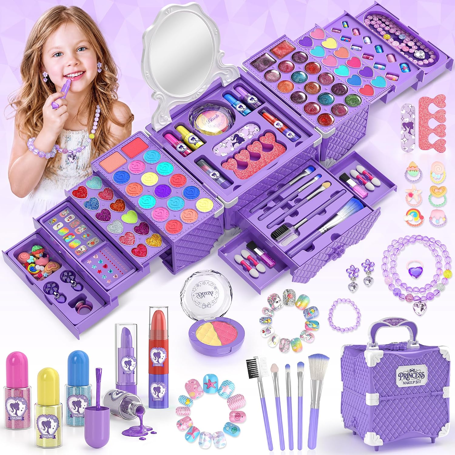 123 Pcs Kids Makeup Kit for Girl, Real Washable Cosmetics Set Princess Toys
