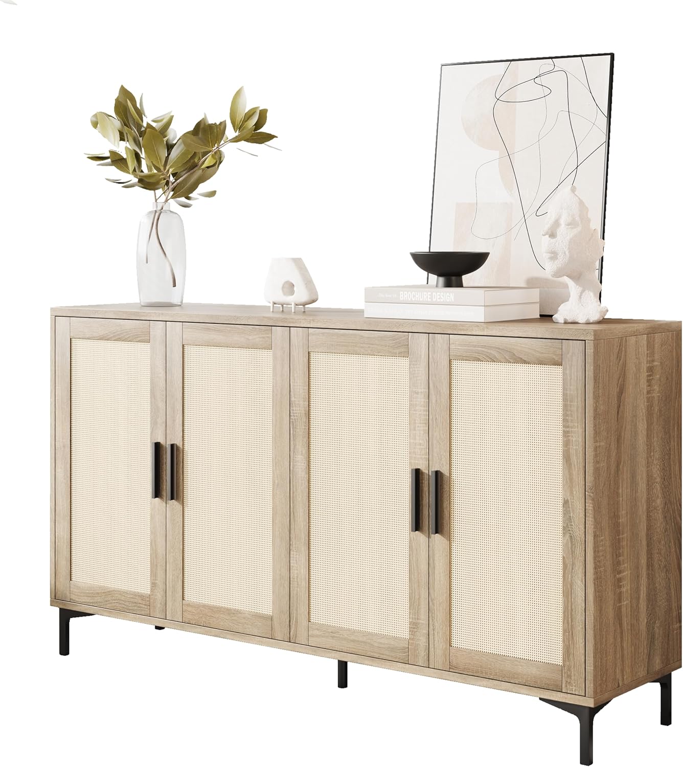 Rattan Decorated Sideboard - Kitchen Buffet Cabinet with Storage (Natural with 4 Doors)